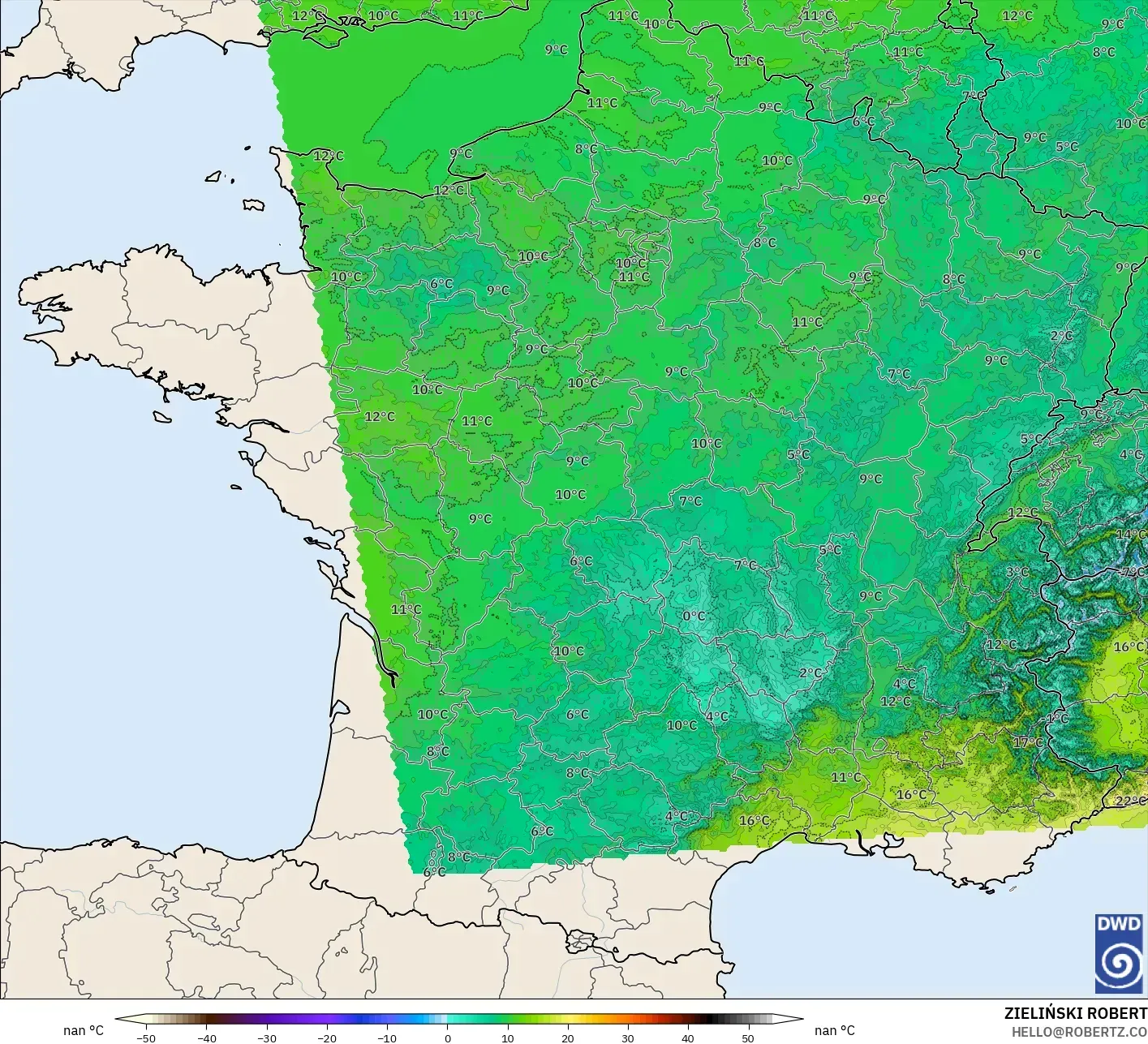 ICON Alemania 2 km model - Prancis, Suhu 2 m