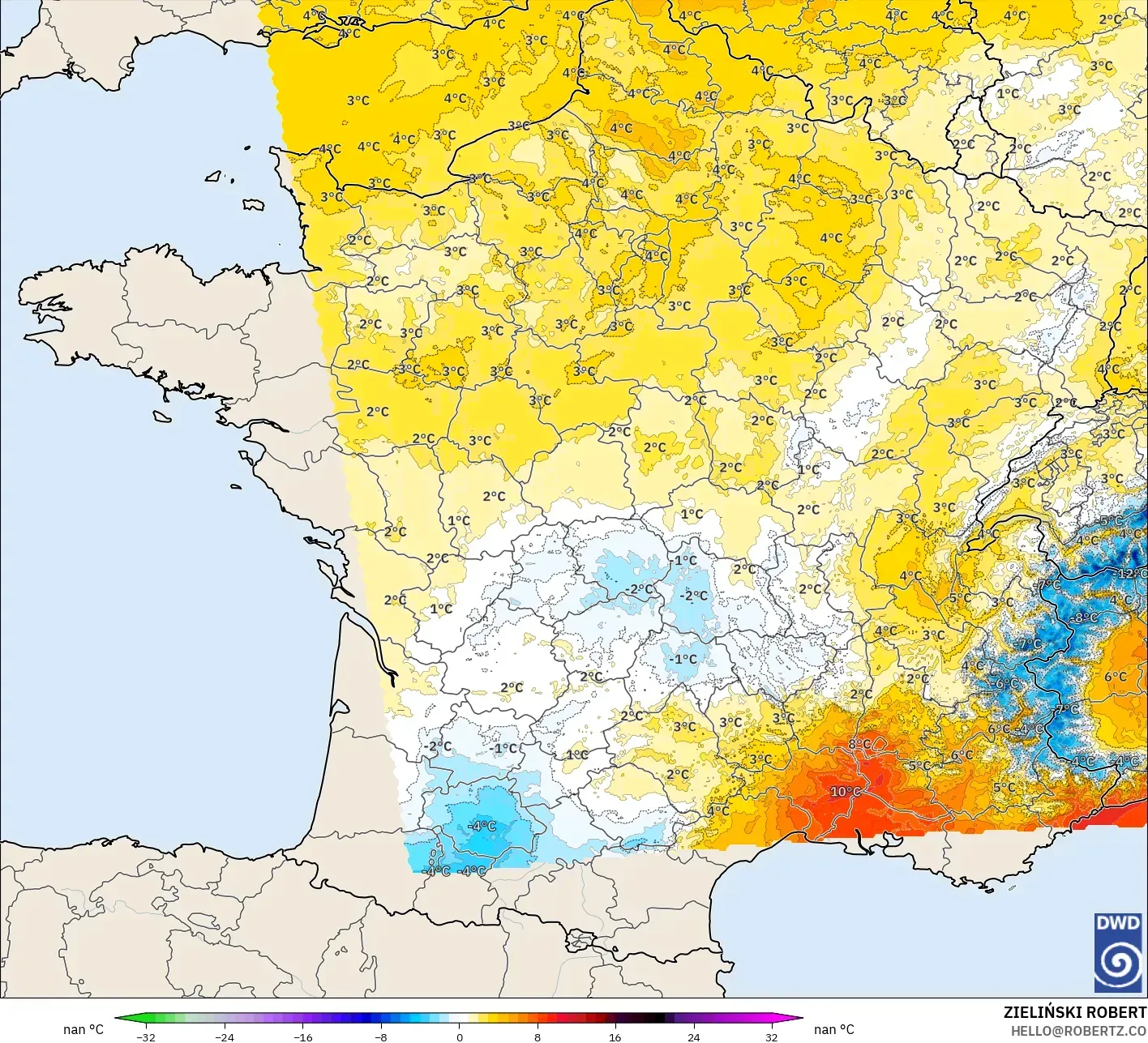 ICON Alemania 2 km model - Prancis, Anomali Suhu 850 hPa