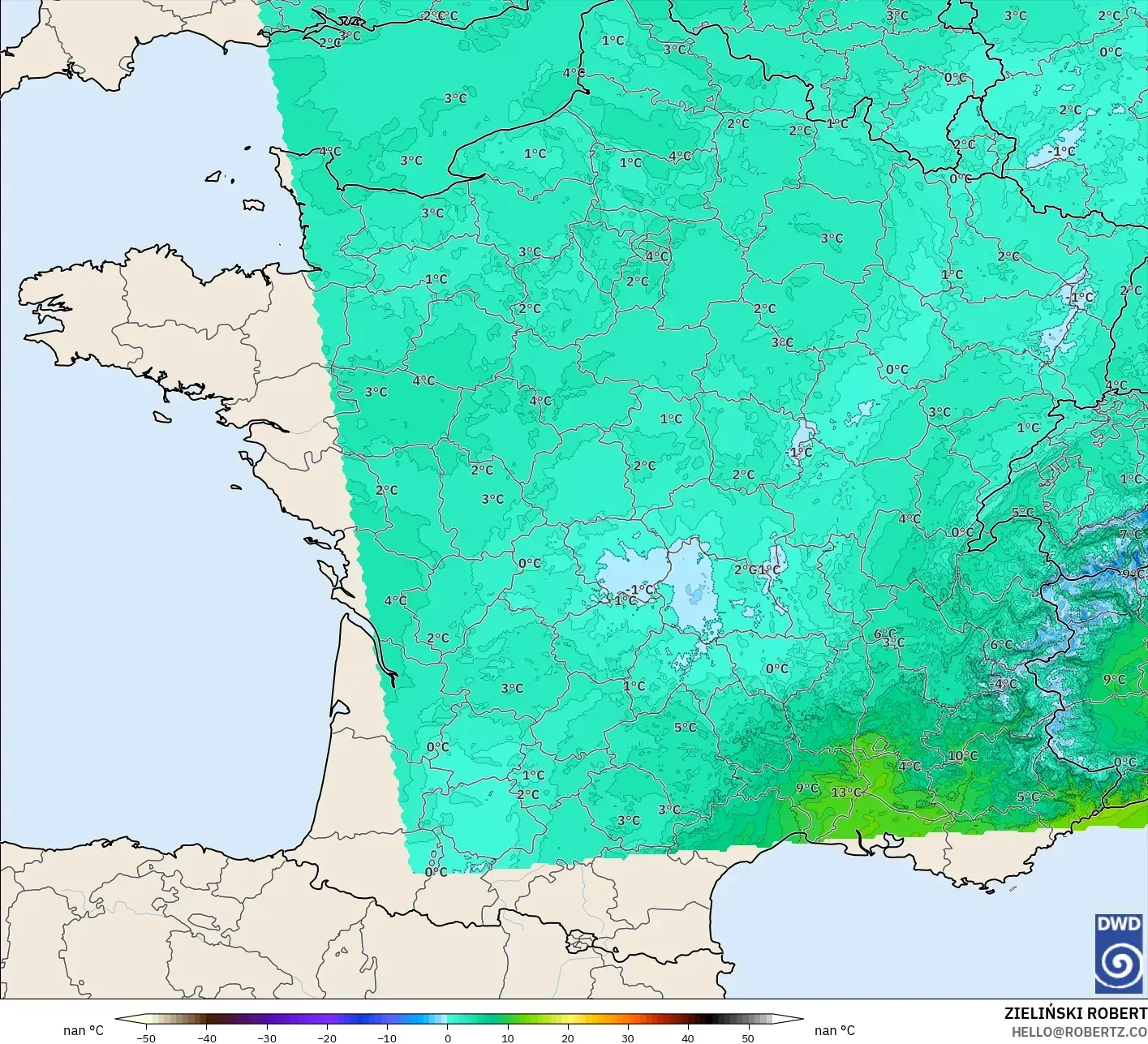 ICON Alemania 2 km model - Prancis, Suhu 850 hPa