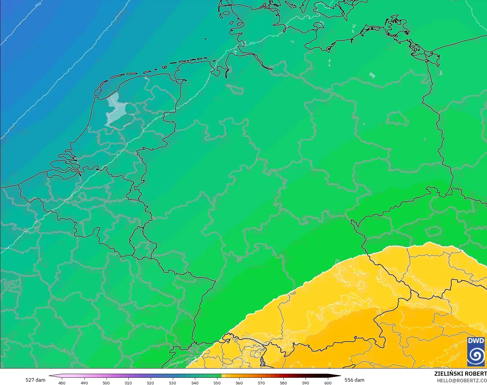 ICON Alemania 2 km model - Jerman, Ketinggian geopotensial pada 500 hPa