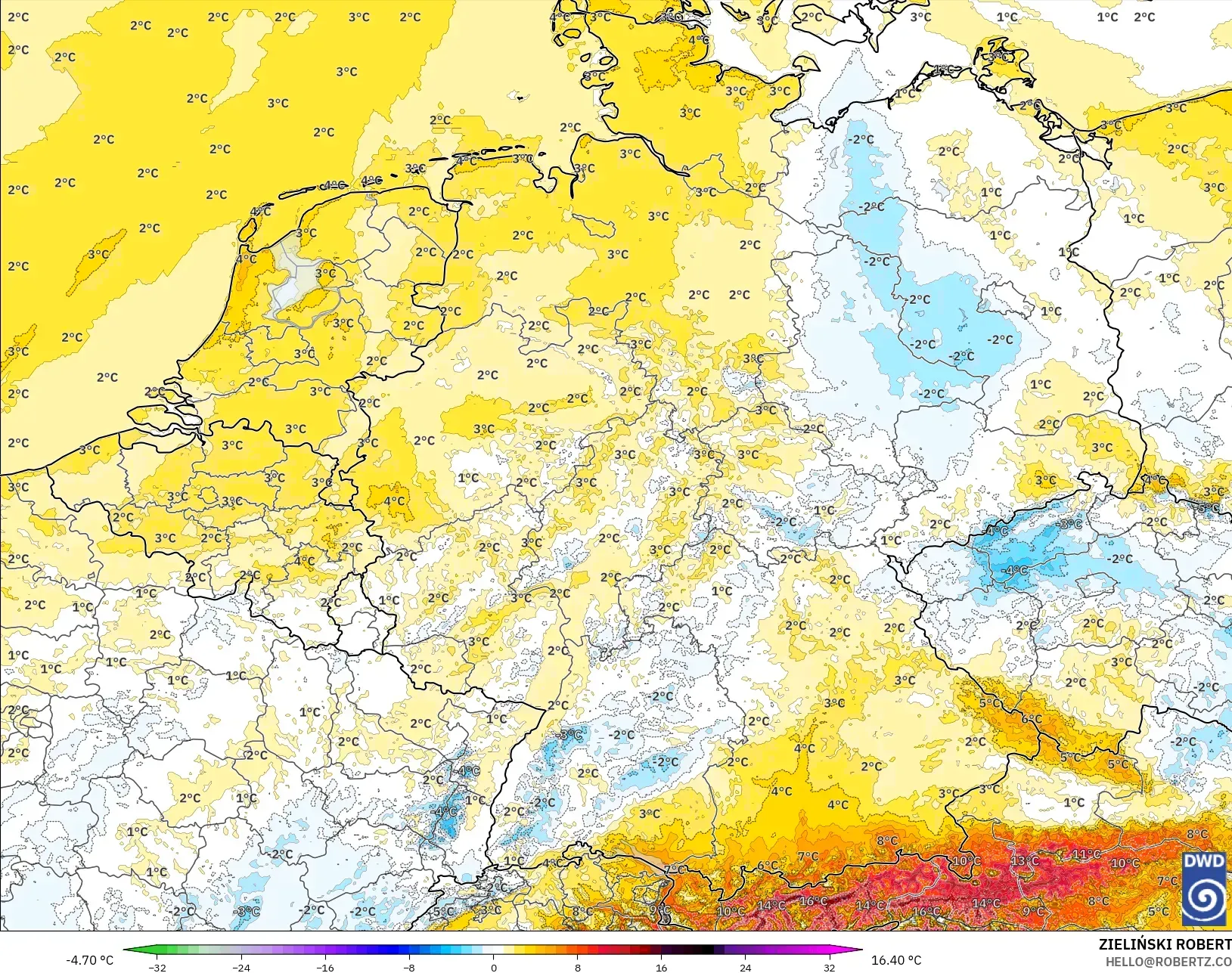 ICON Alemania 2 km model - Jerman, Anomali Suhu 2 m