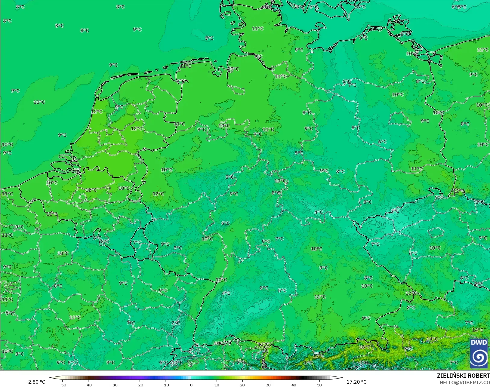 ICON Alemania 2 km model - Jerman, Suhu 2 m