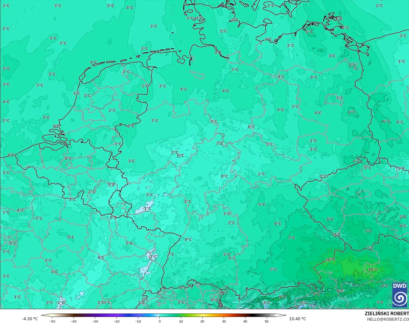 ICON Alemania 2 km model - Jerman, Suhu 850 hPa