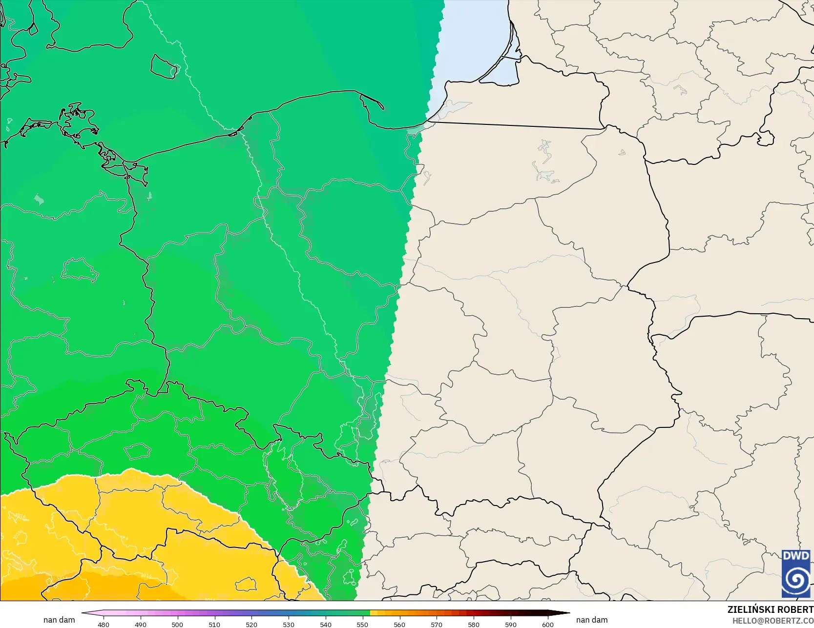 ICON Alemania 2 km model - Polandia, Ketinggian geopotensial pada 500 hPa