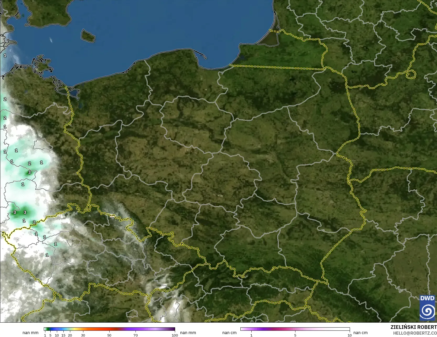 ICON Alemania 2 km model - Polandia, Curah Hujan, Awan, dan Tekanan