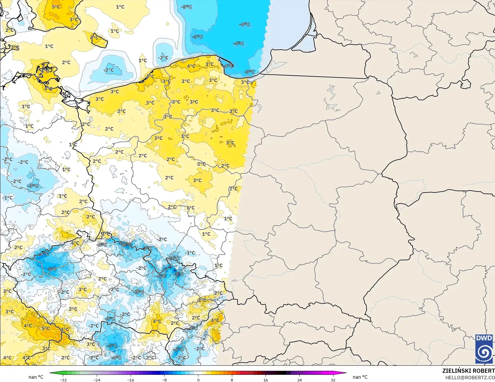 ICON Alemania 2 km model - Polandia, Anomali Suhu 2 m