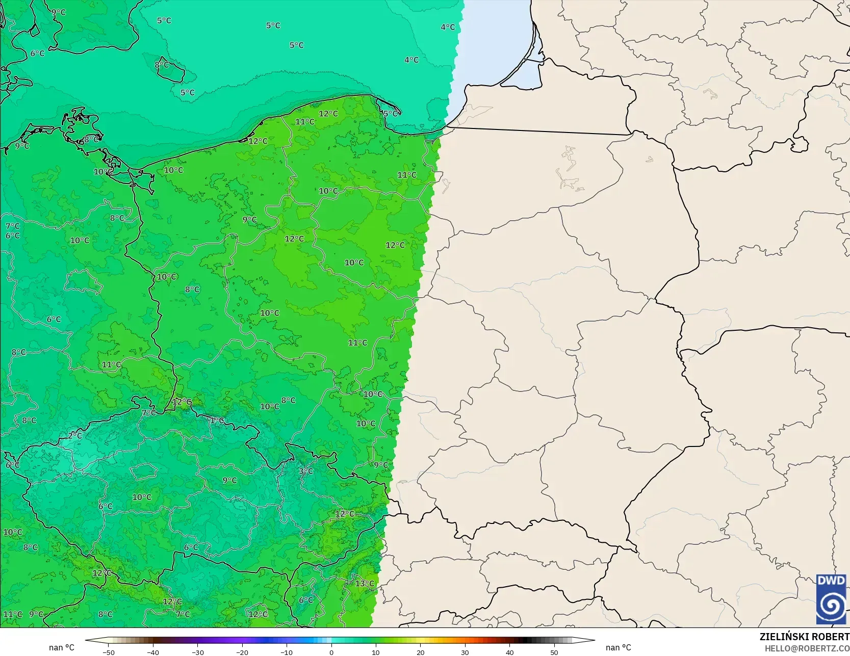 ICON Alemania 2 km model - Polandia, Suhu 2 m