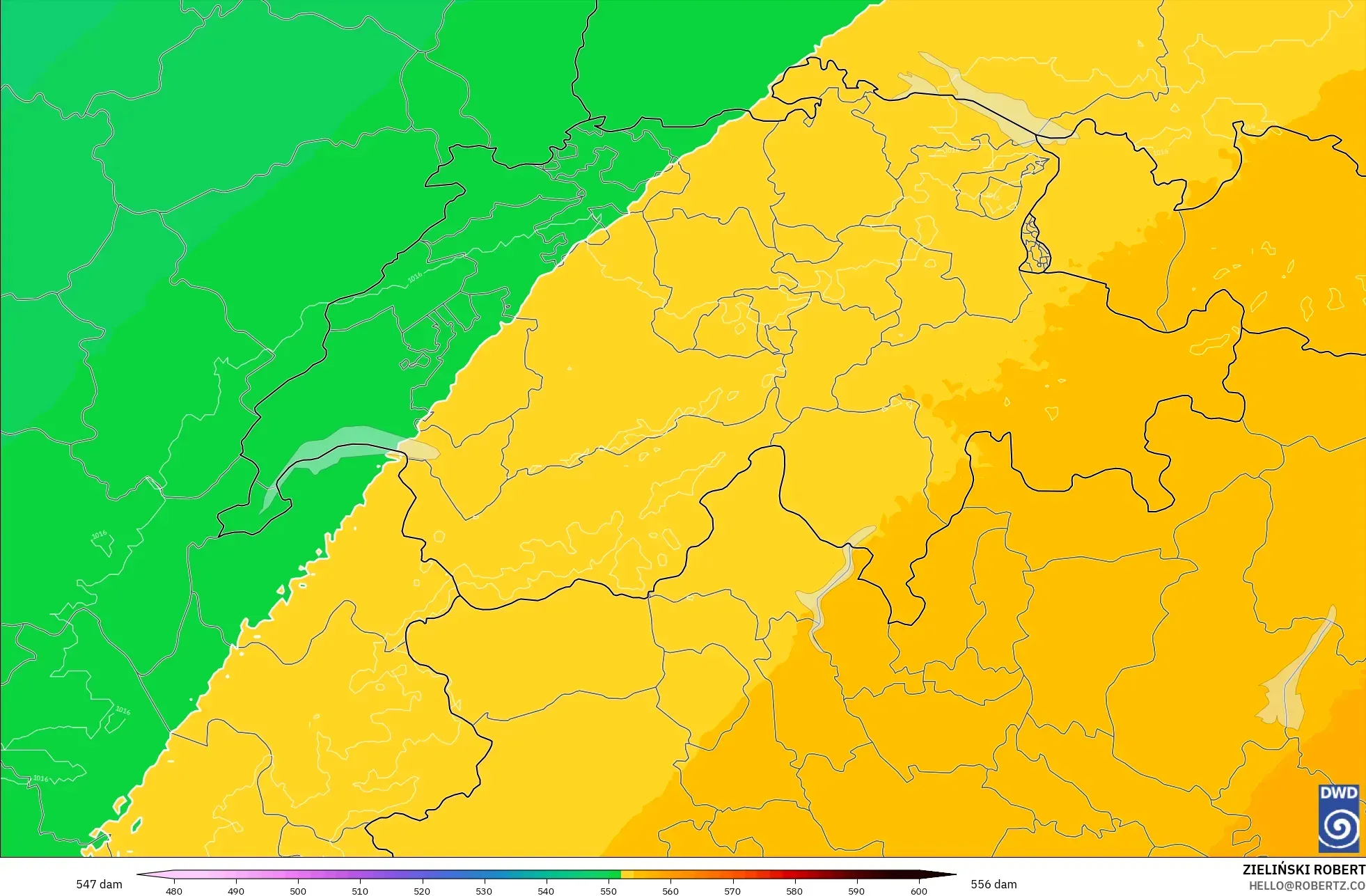 ICON Alemania 2 km model - Swiss, Ketinggian geopotensial pada 500 hPa
