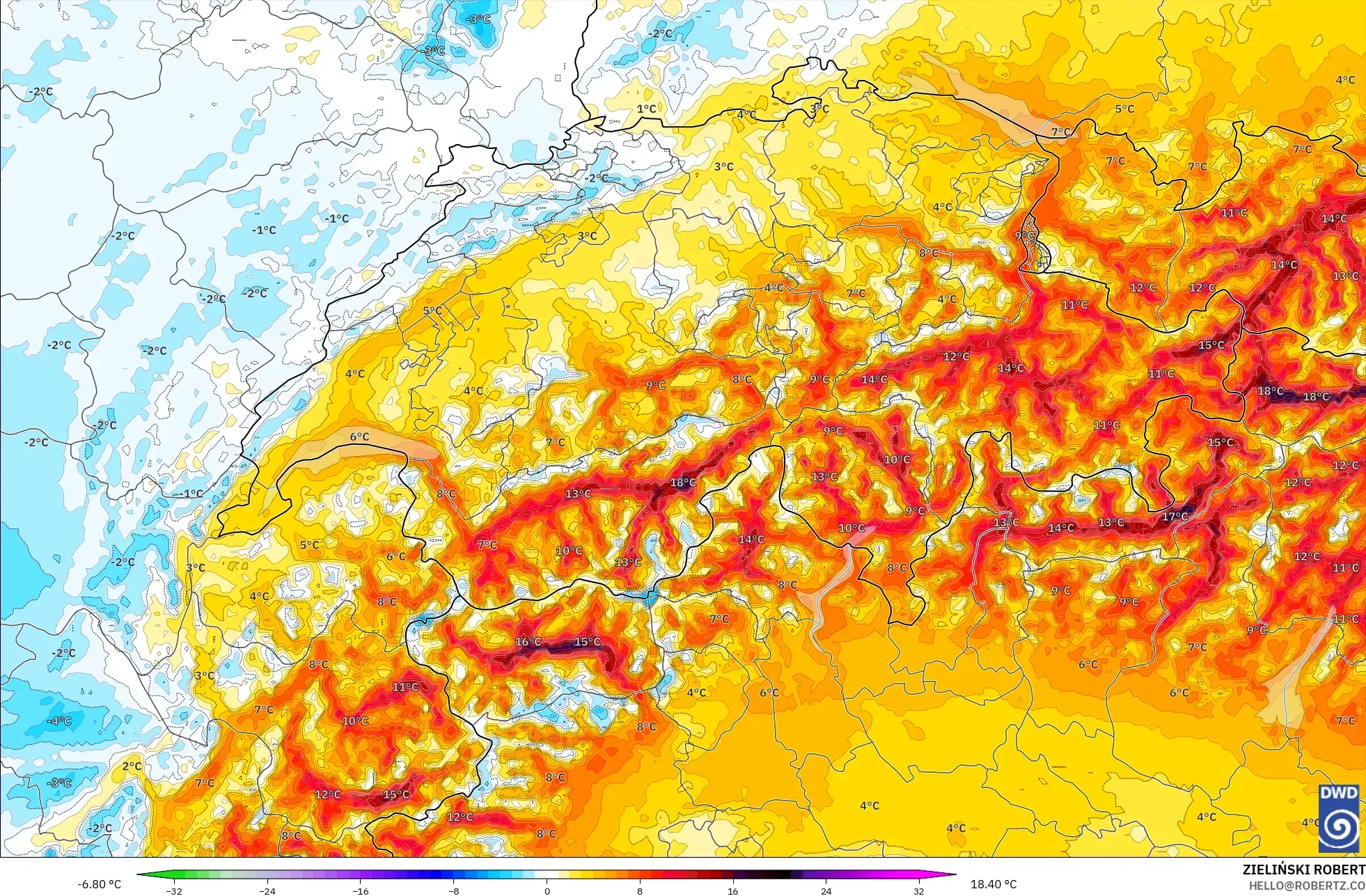 ICON Alemania 2 km model - Swiss, Anomali Suhu 2 m