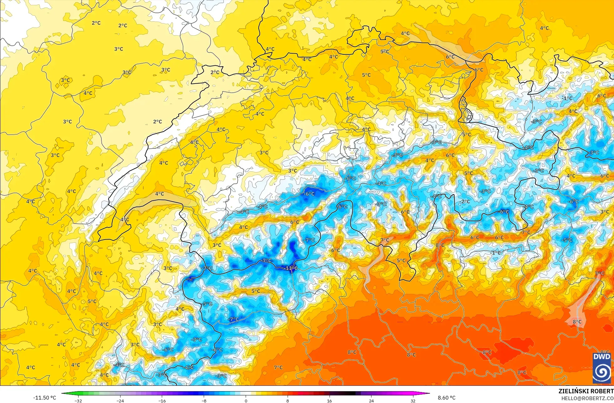 ICON Alemania 2 km model - Swiss, Anomali Suhu 850 hPa