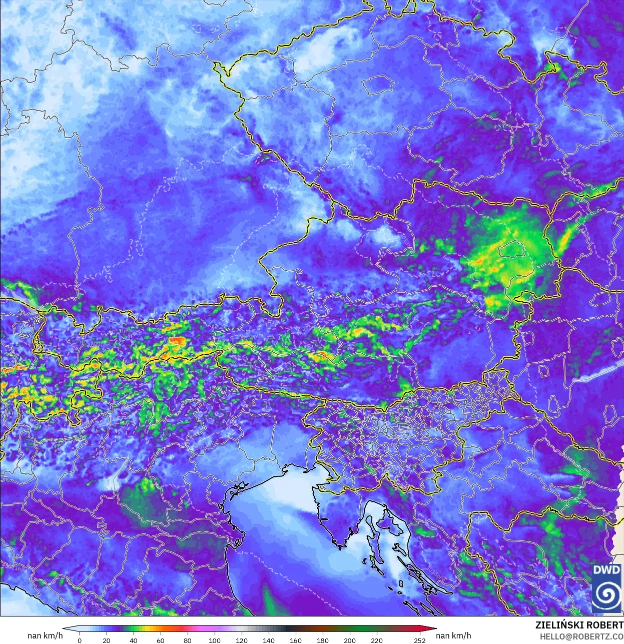 ICON Alemania 2 km model - Austria, Puncak Hembusan