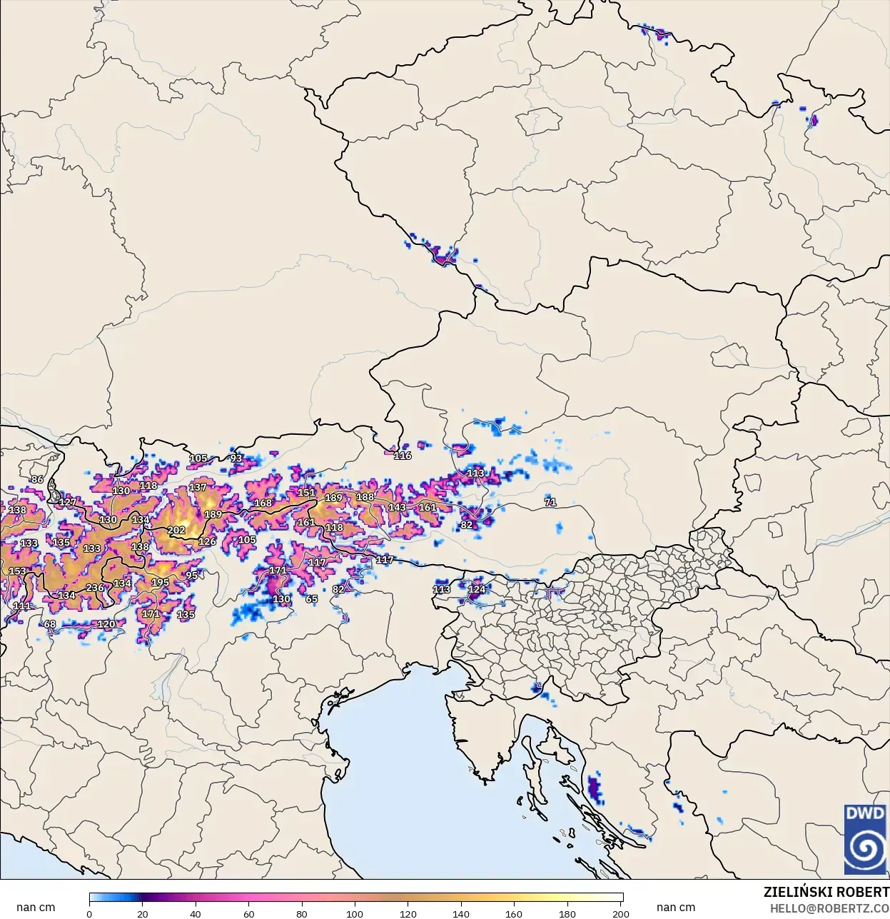 ICON Alemania 2 km model - Austria, Kedalaman Salju