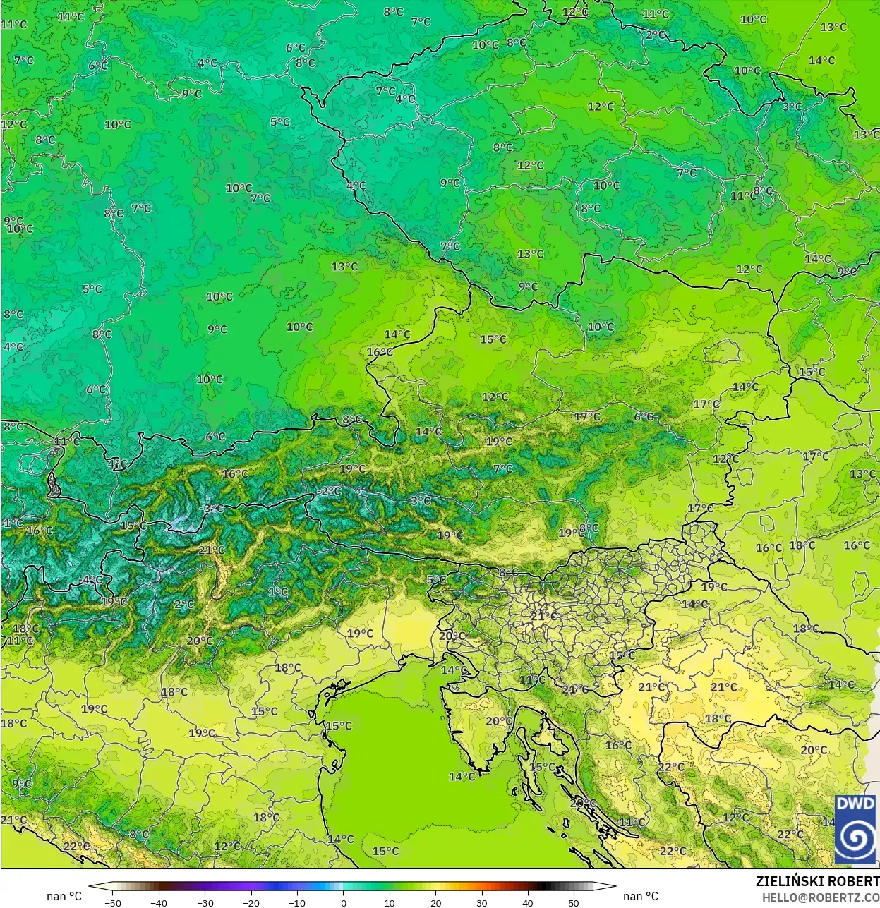 ICON Alemania 2 km model - Austria, Suhu 2 m