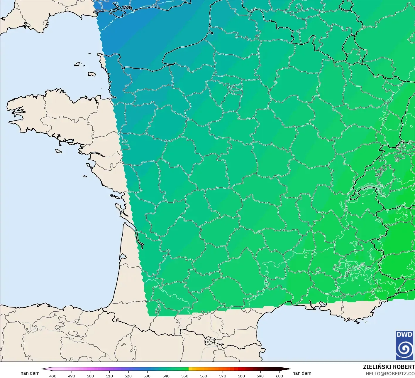 ICON Alemania 2 km model - Prancis, Ketinggian geopotensial pada 500 hPa