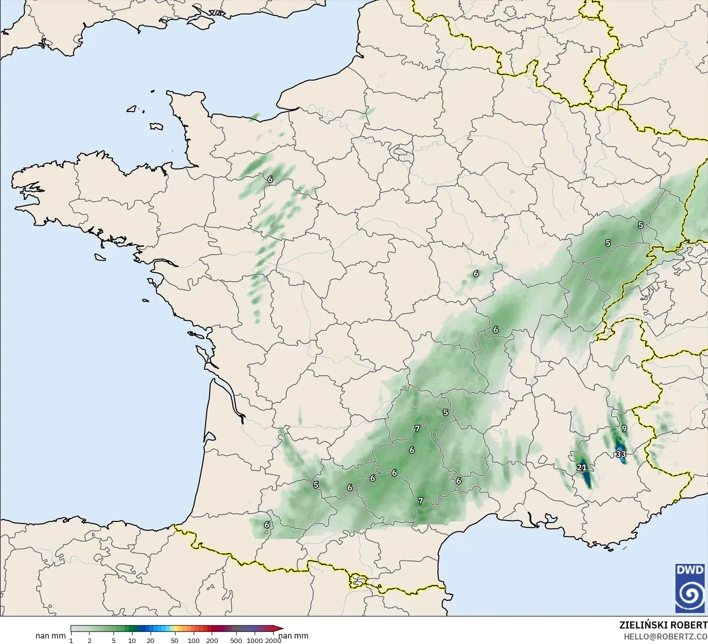 ICON Alemania 2 km model - Prancis, Akumulasi Curah Hujan