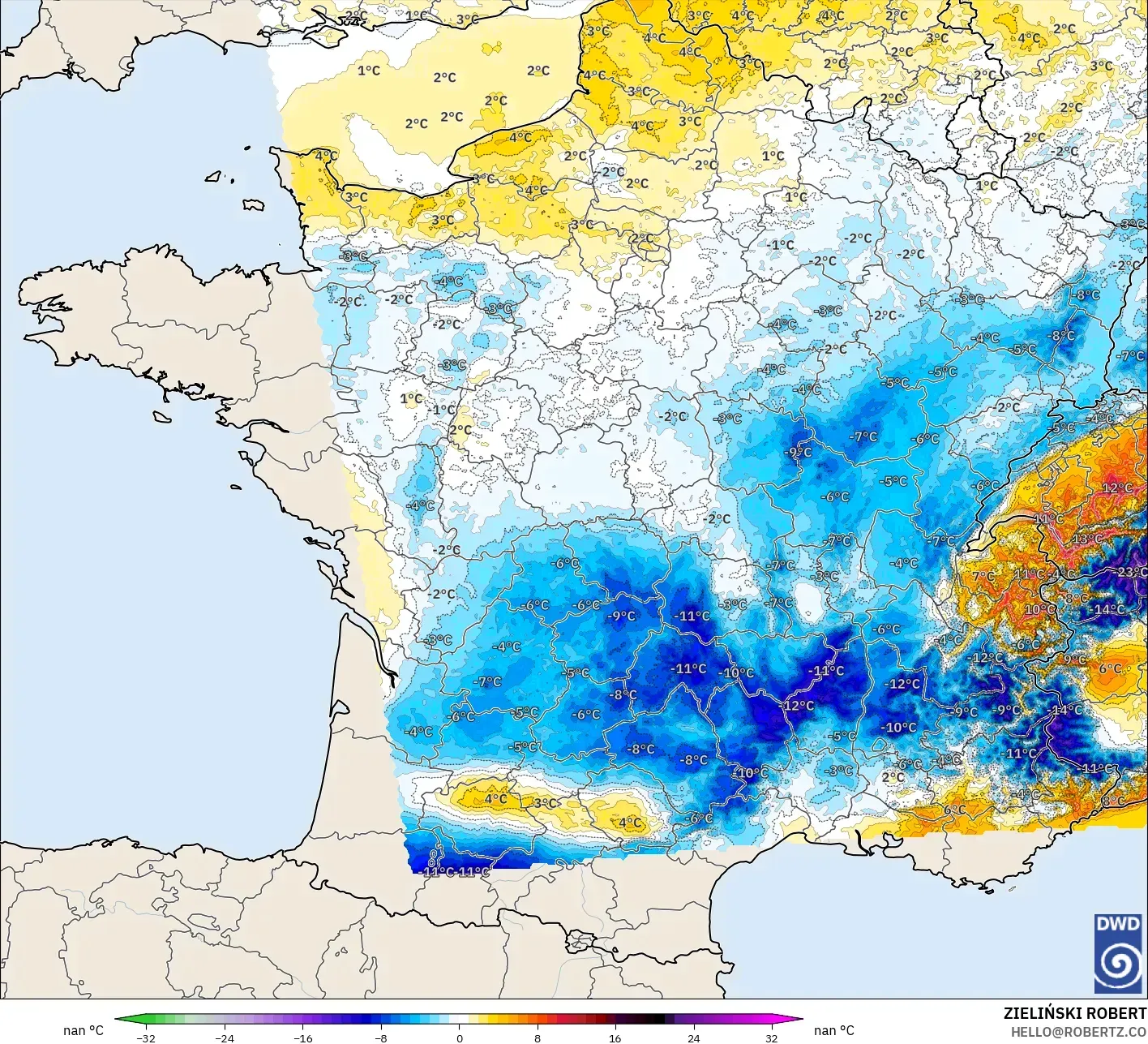 ICON Alemania 2 km model - Prancis, Anomali Suhu 2 m