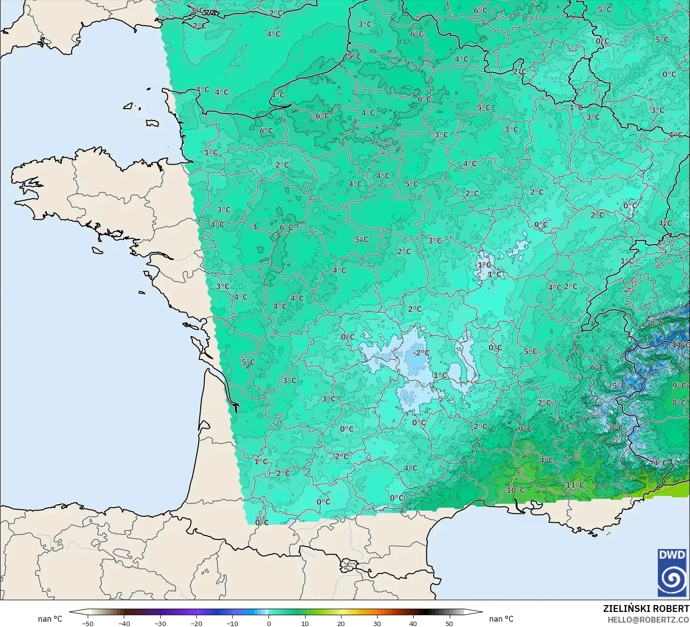 ICON Alemania 2 km model - Prancis, Suhu 850 hPa