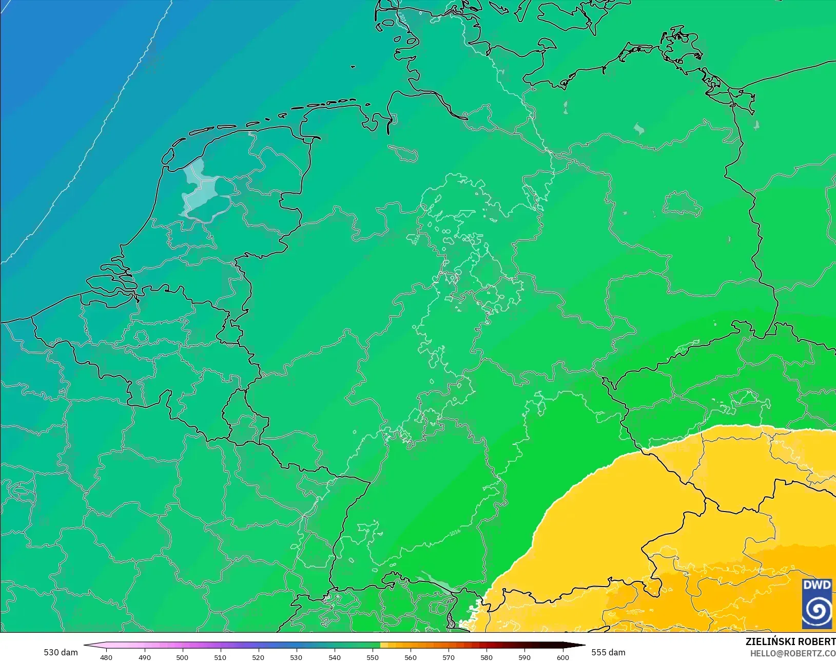 ICON Alemania 2 km model - Jerman, Ketinggian geopotensial pada 500 hPa