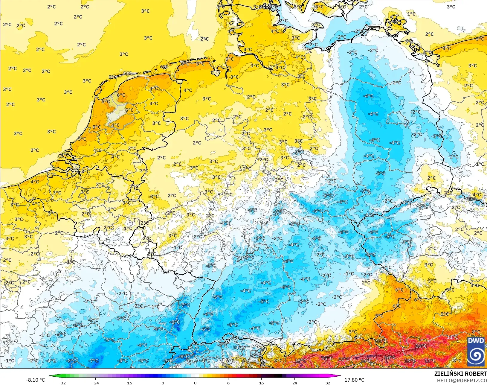 ICON Alemania 2 km model - Jerman, Anomali Suhu 2 m
