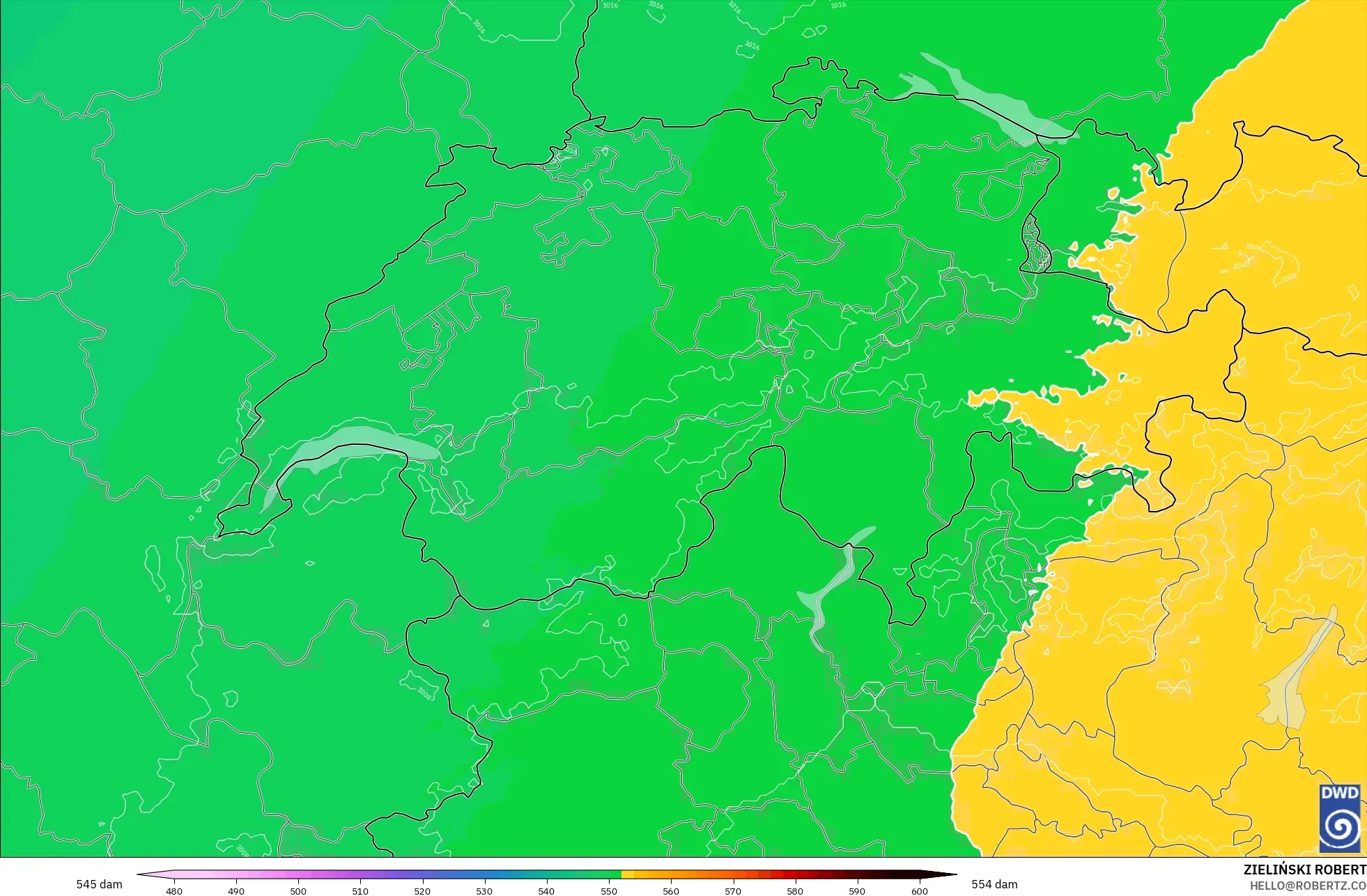 ICON Alemania 2 km model - Swiss, Ketinggian geopotensial pada 500 hPa