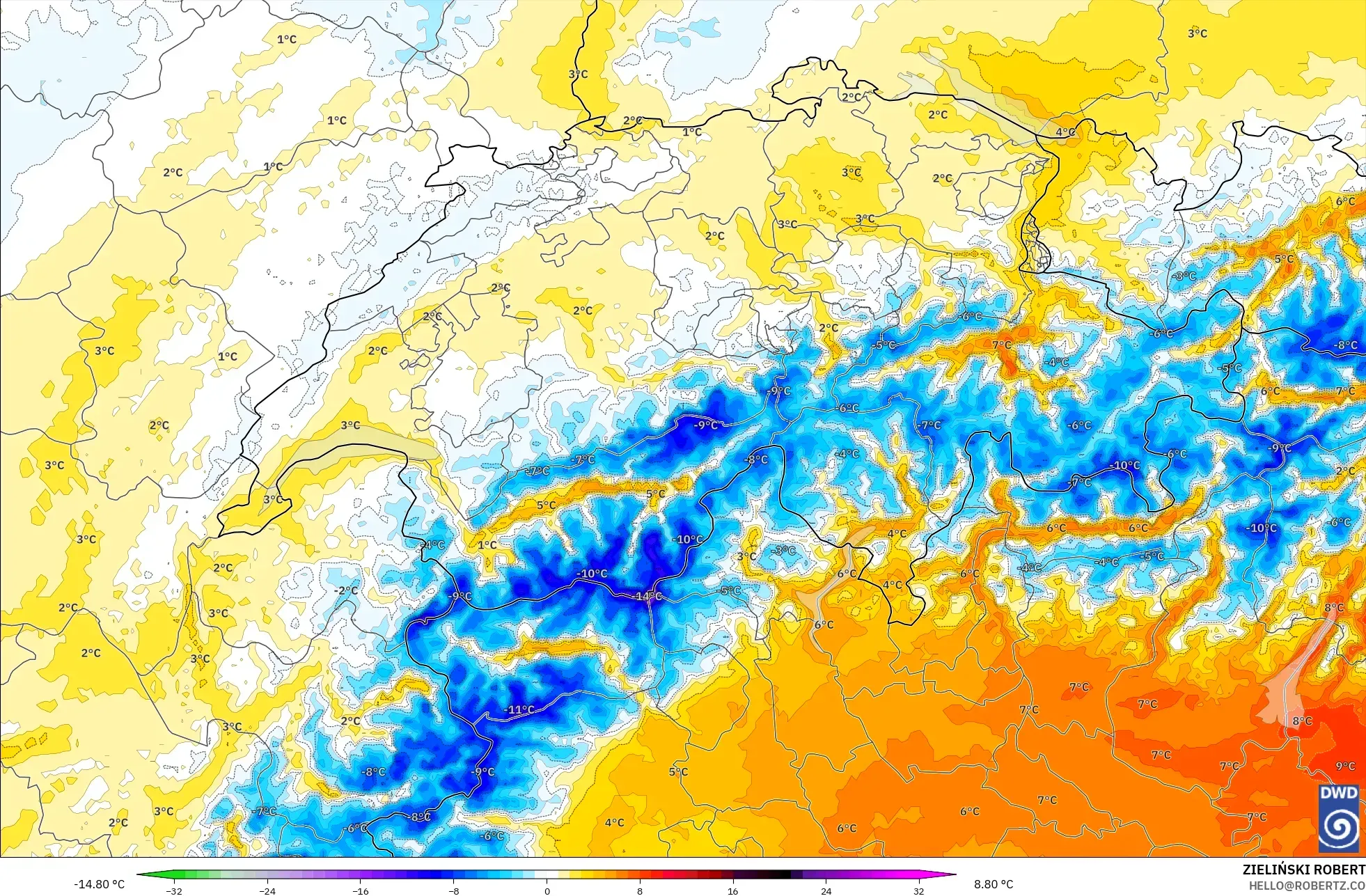 ICON Alemania 2 km model - Swiss, Anomali Suhu 850 hPa