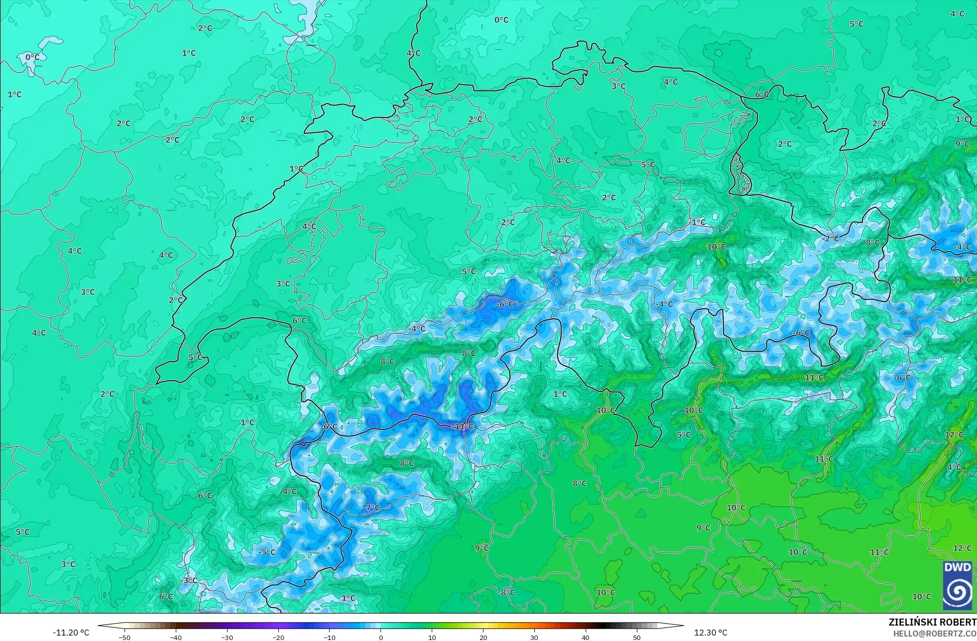 ICON Alemania 2 km model - Swiss, Suhu 850 hPa