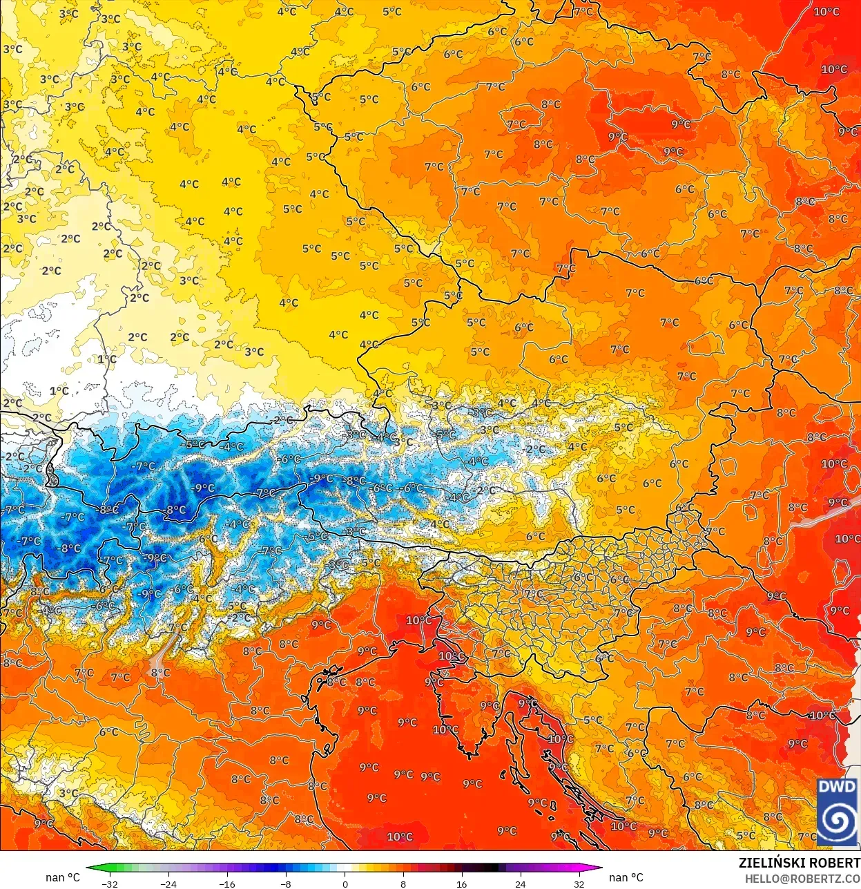 ICON Germany 2 km model - Austria, Temperature at 850hPa Anomaly