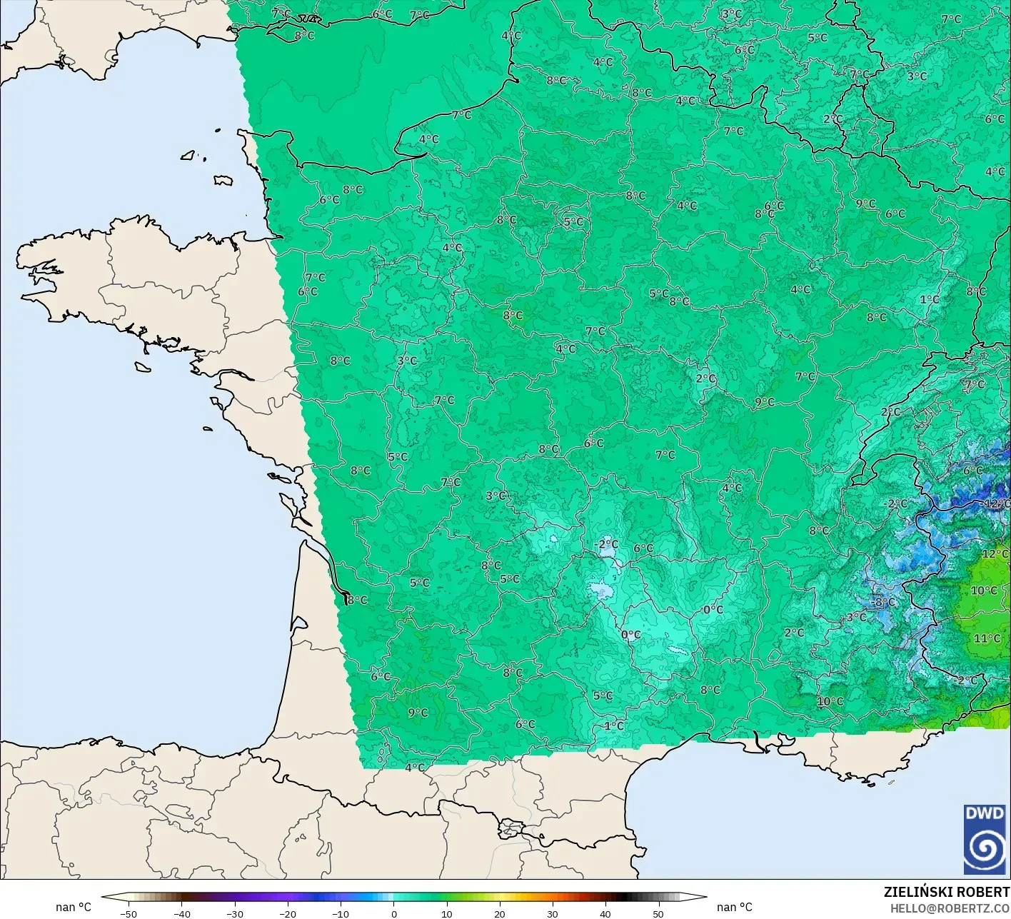 ICON Germany 2 km model - France, Dewpoint at 2m