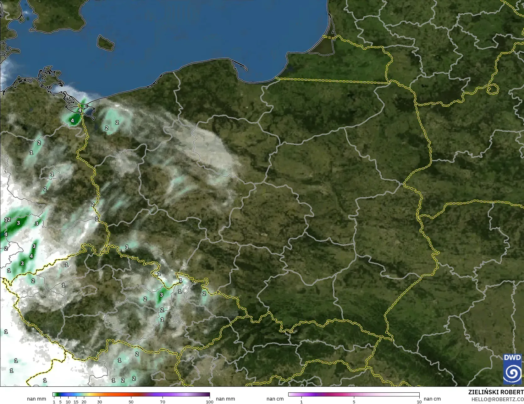 ICON Germany 2 km model - Poland, Precipitation, Clouds, and Pressure