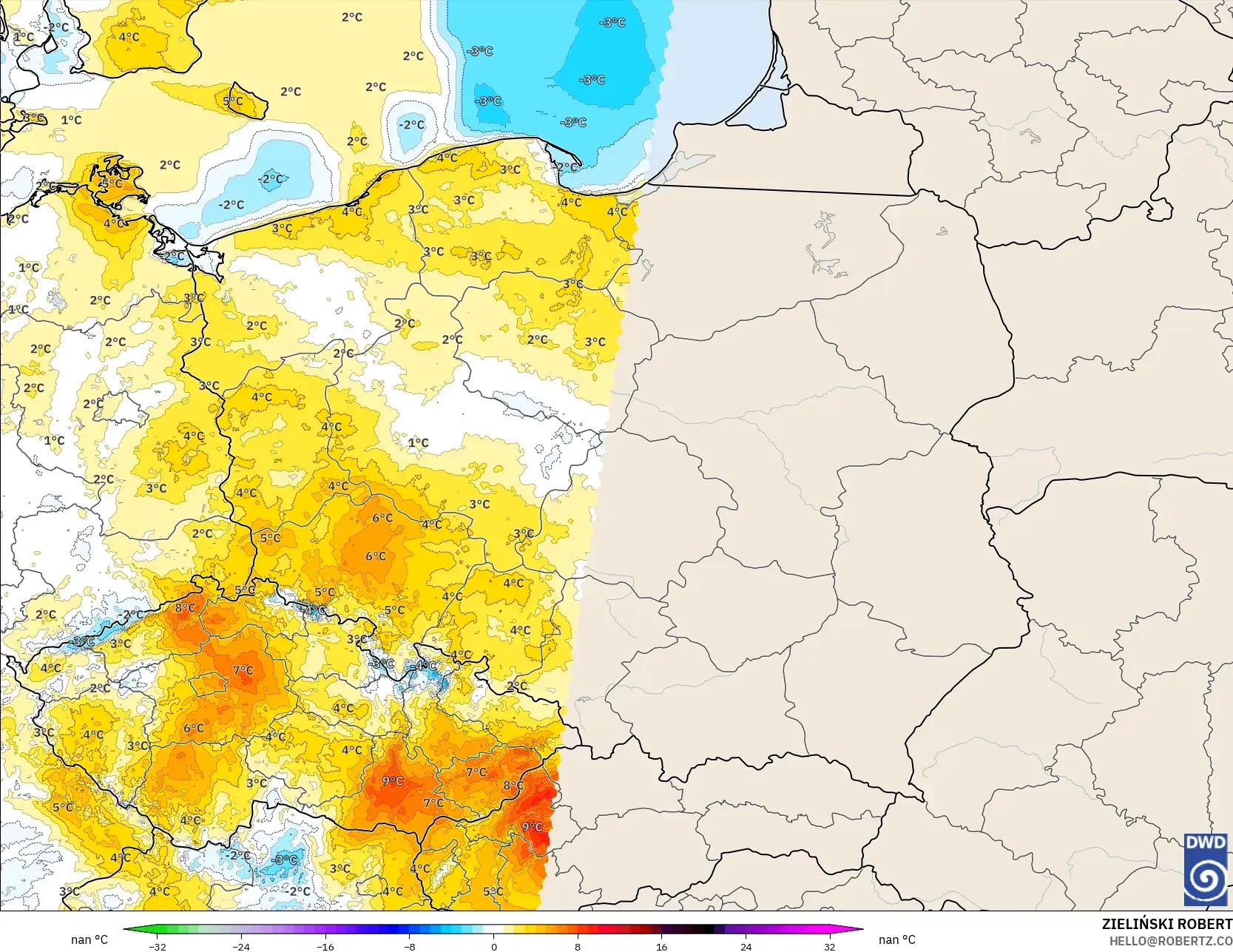 ICON Germany 2 km model - Poland, Temperature at 2m Anomaly
