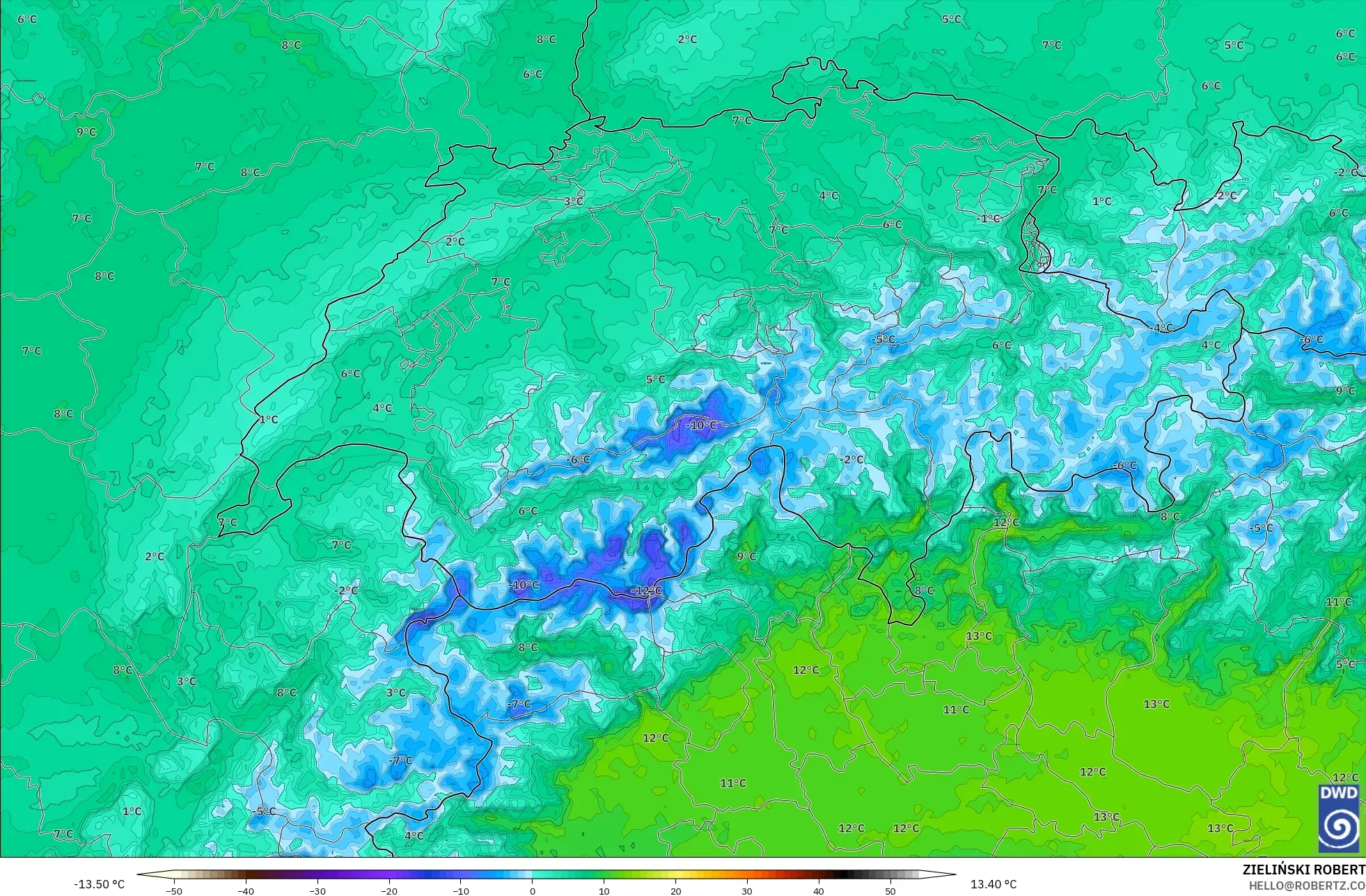ICON Germany 2 km model - Switzerland, Dewpoint at 2m
