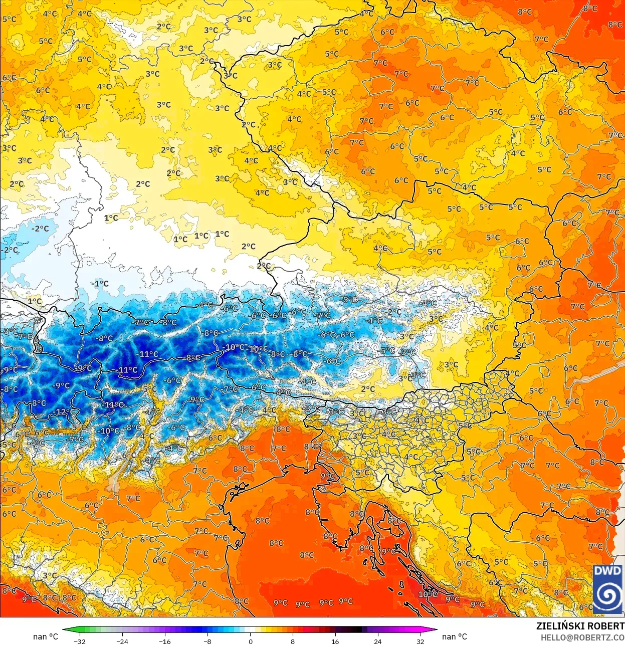ICON Germany 2 km model - Austria, Temperature at 850hPa Anomaly
