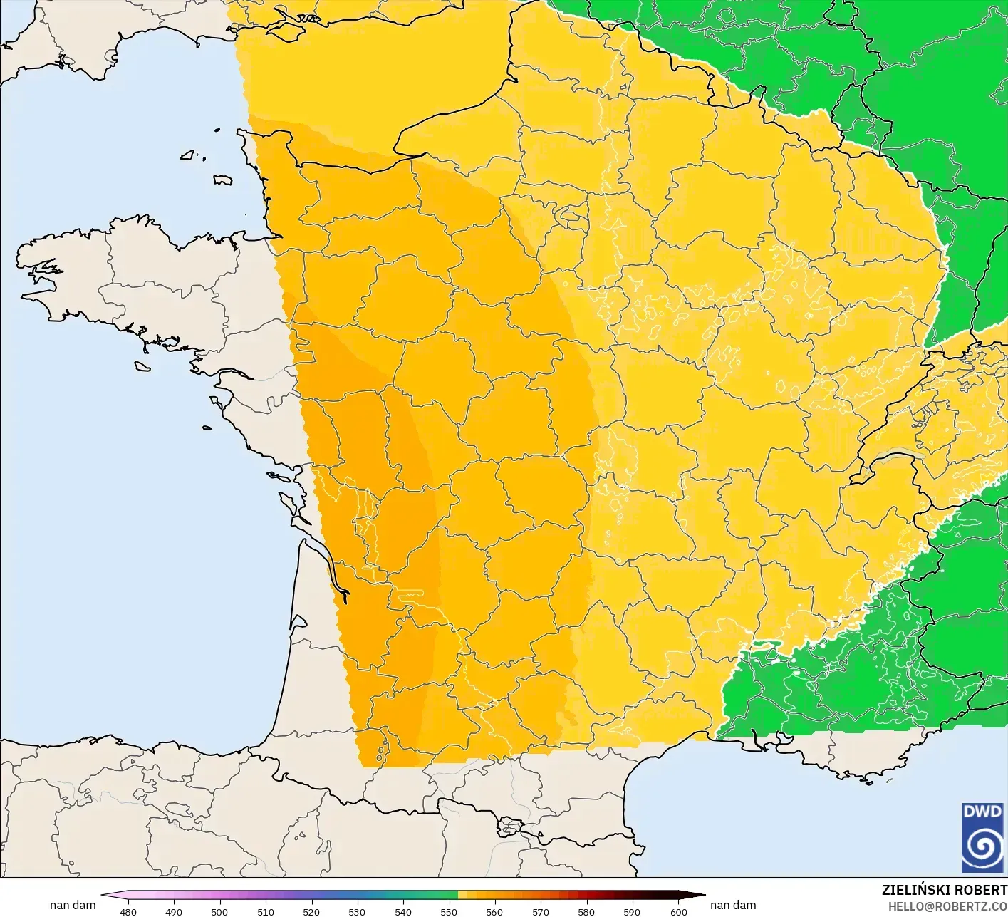 ICON Germany 2 km model - France, Geopotential height at 500hPa