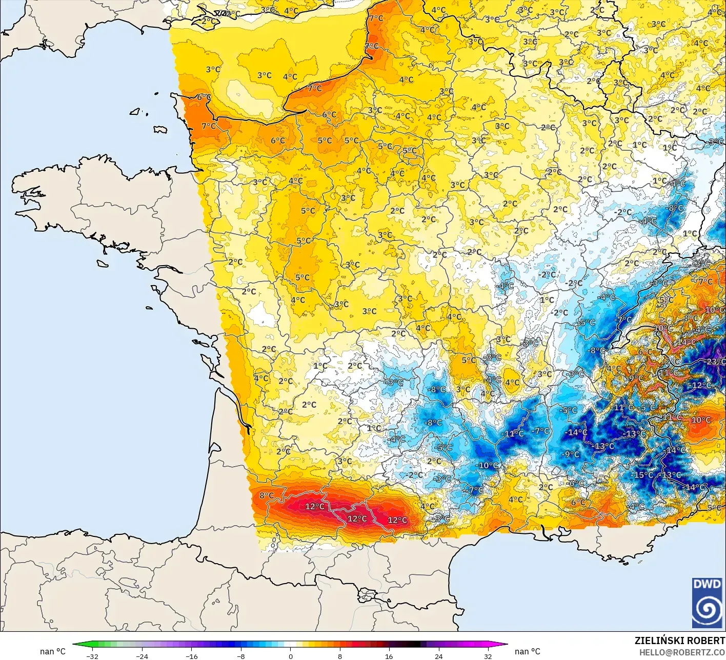 ICON Germany 2 km model - France, Temperature at 2m Anomaly