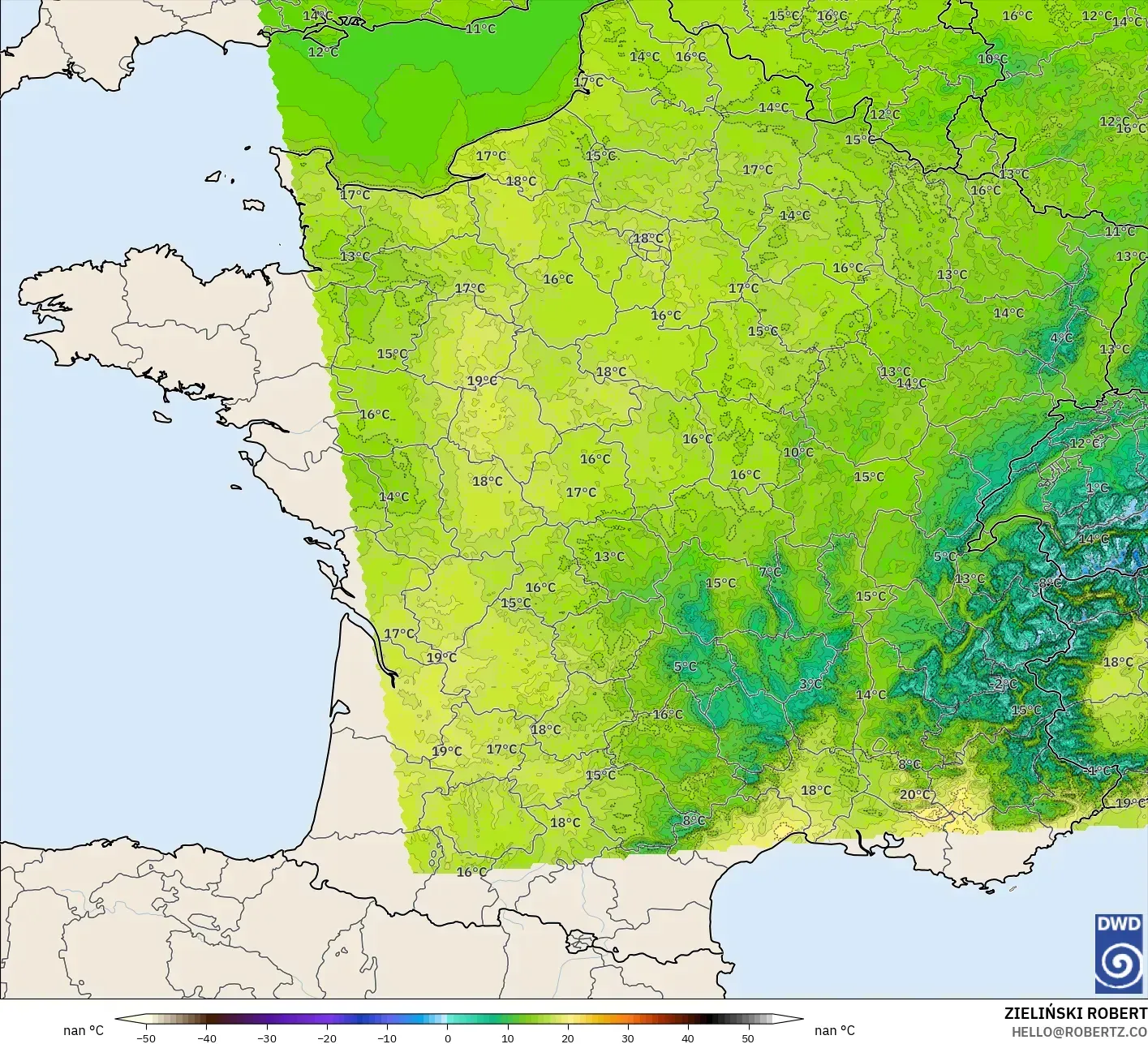 ICON Germany 2 km model - France, Temperature at 2m