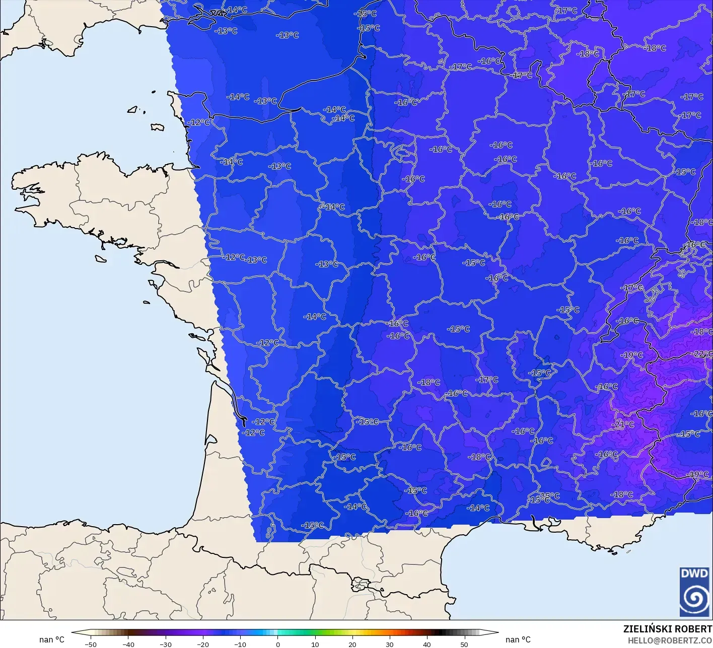 ICON Germany 2 km model - France, Temperature at 500hPa