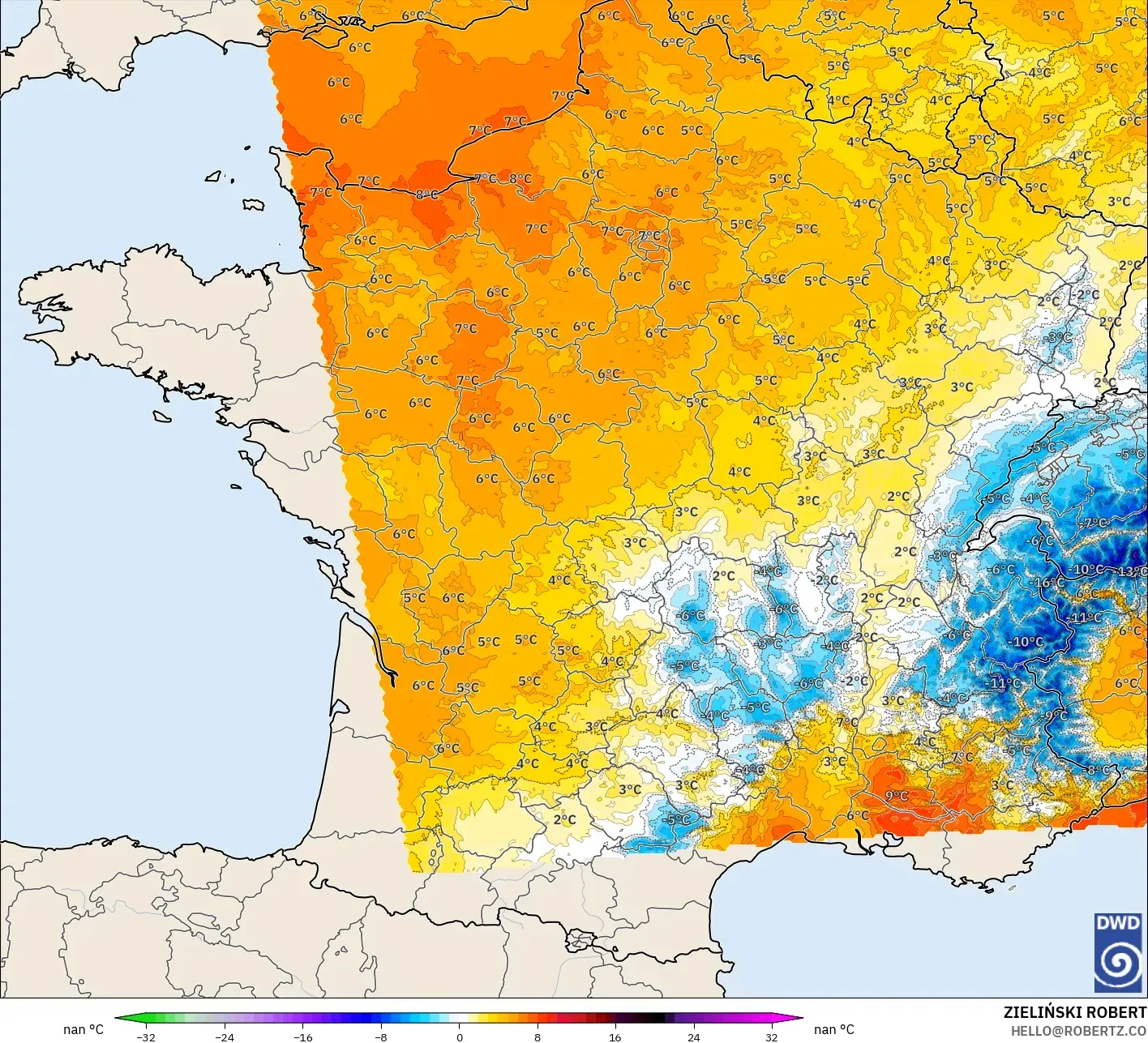 ICON Germany 2 km model - France, Temperature at 850hPa Anomaly
