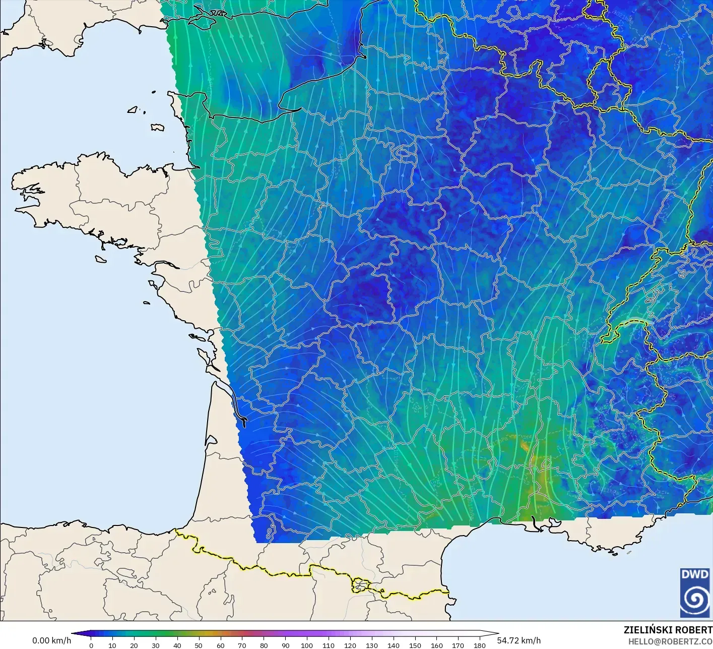 ICON Germany 2 km model - France, Wind at 10m