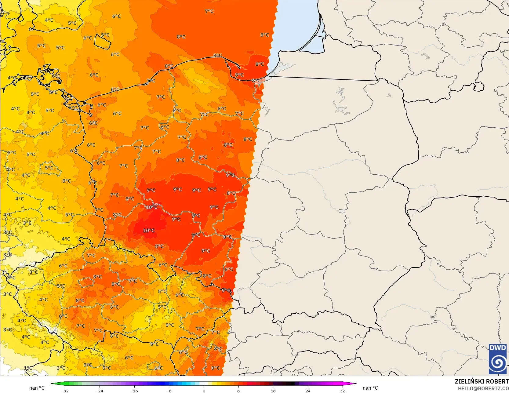 ICON Germany 2 km model - Poland, Temperature at 850hPa Anomaly