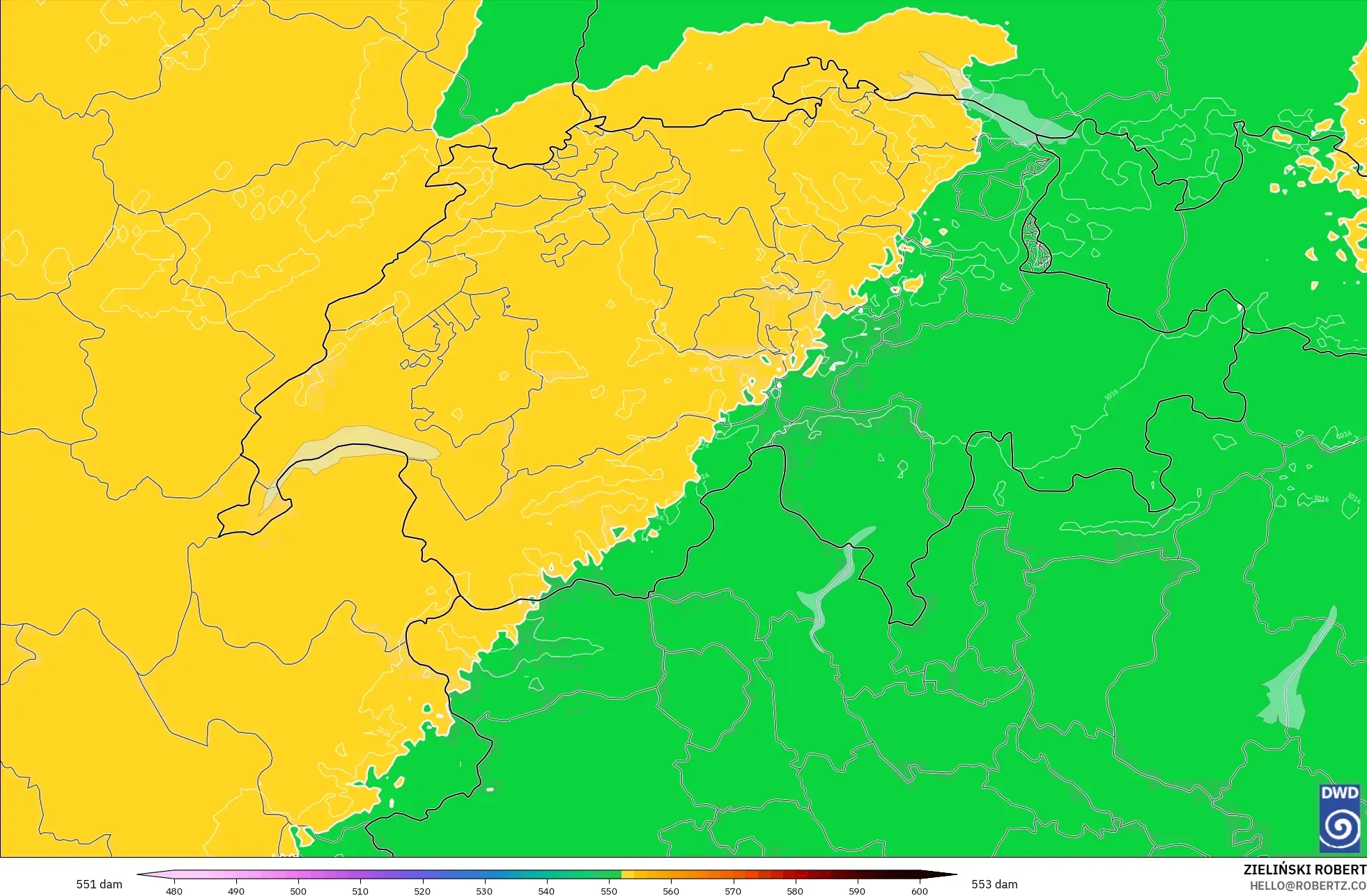 ICON Germany 2 km model - Switzerland, Geopotential height at 500hPa