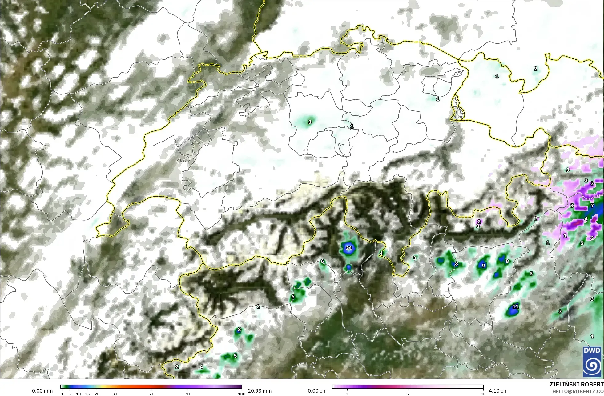 ICON Germany 2 km model - Switzerland, Precipitation, Clouds, and Pressure