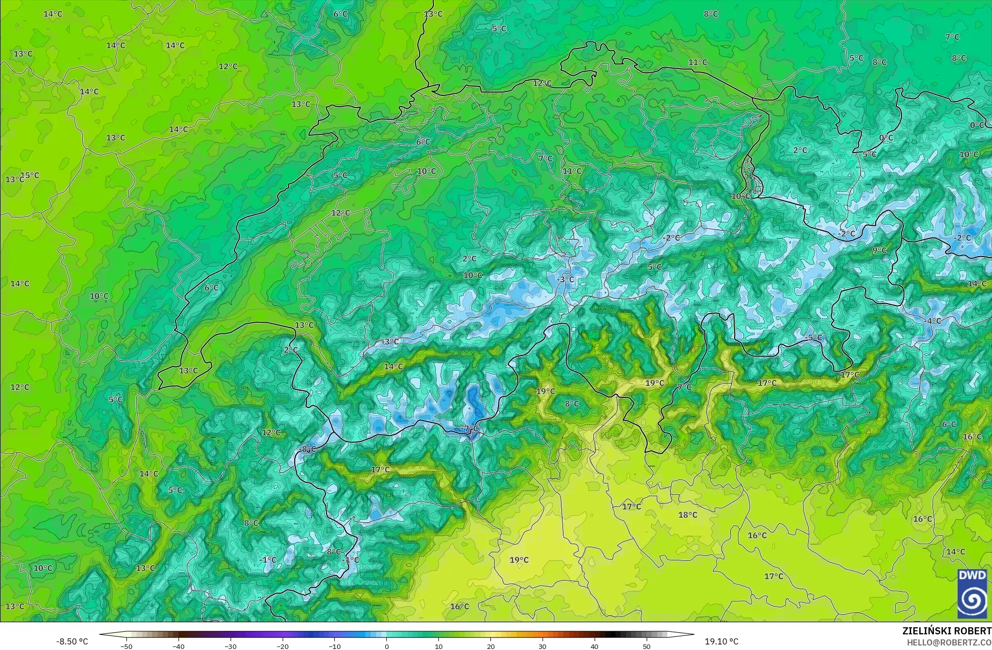 ICON Germany 2 km model - Switzerland, Temperature at 2m