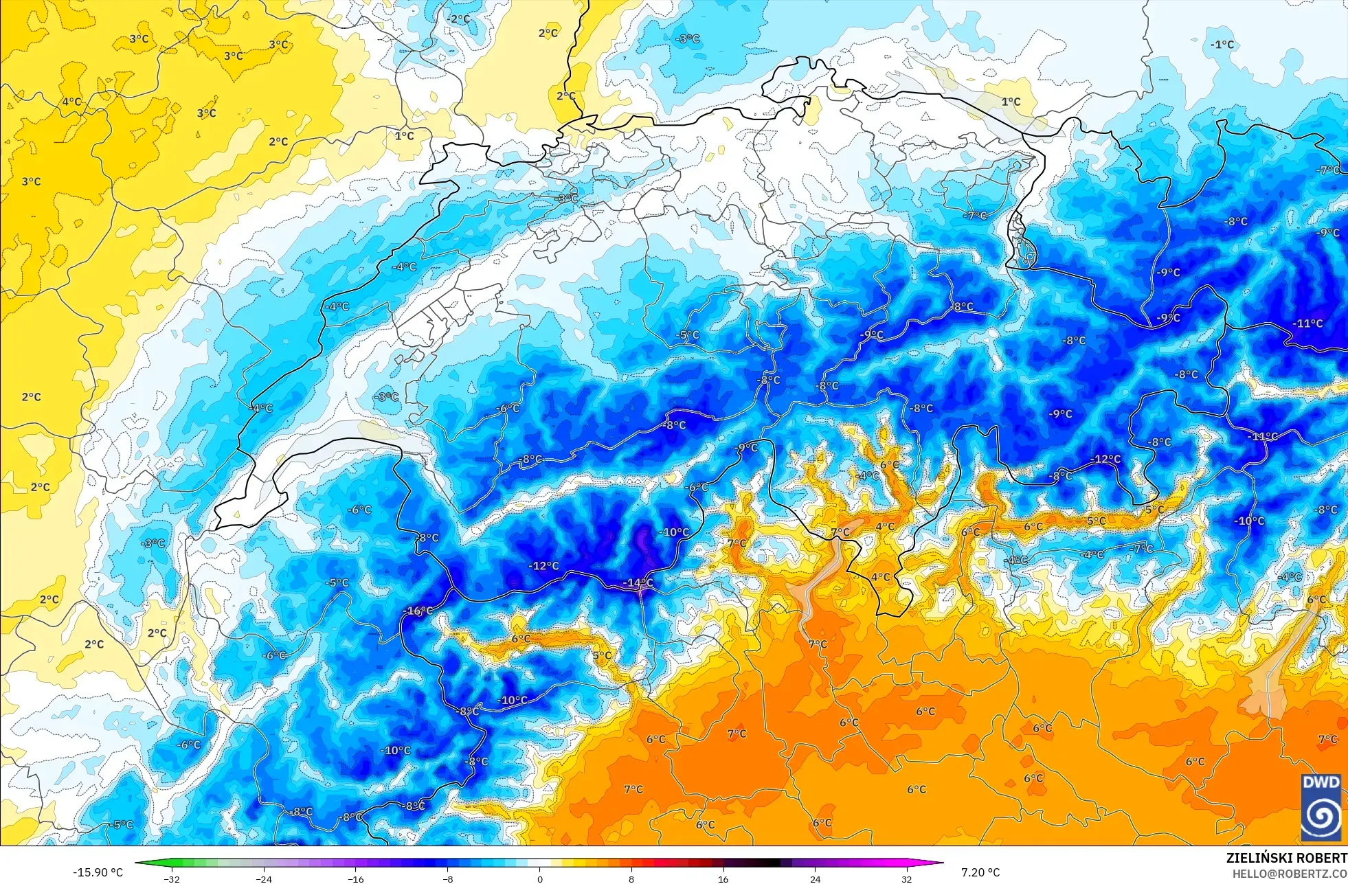 ICON Germany 2 km model - Switzerland, Temperature at 850hPa Anomaly