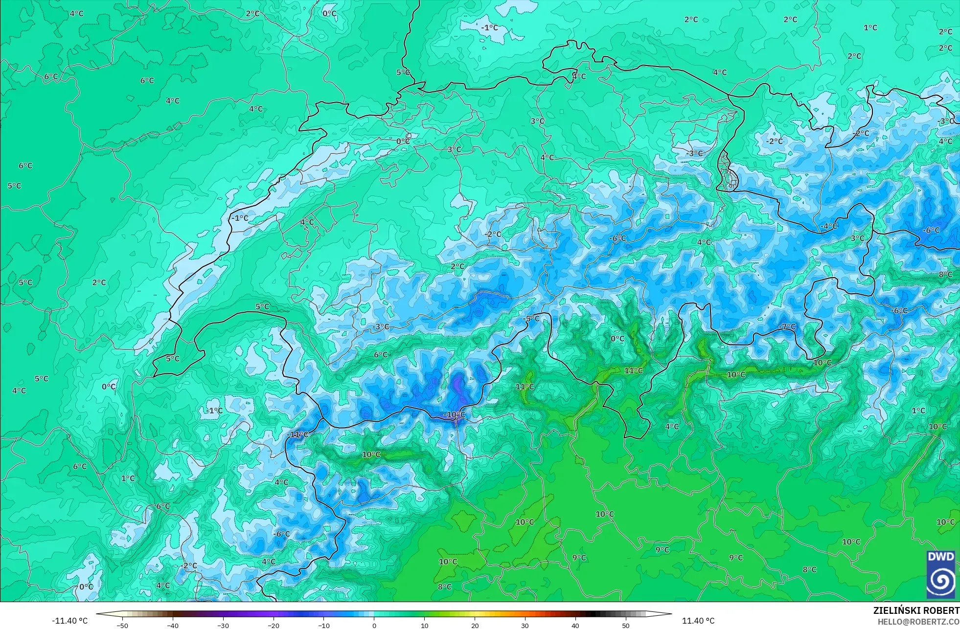 ICON Germany 2 km model - Switzerland, Temperature at 850hPa