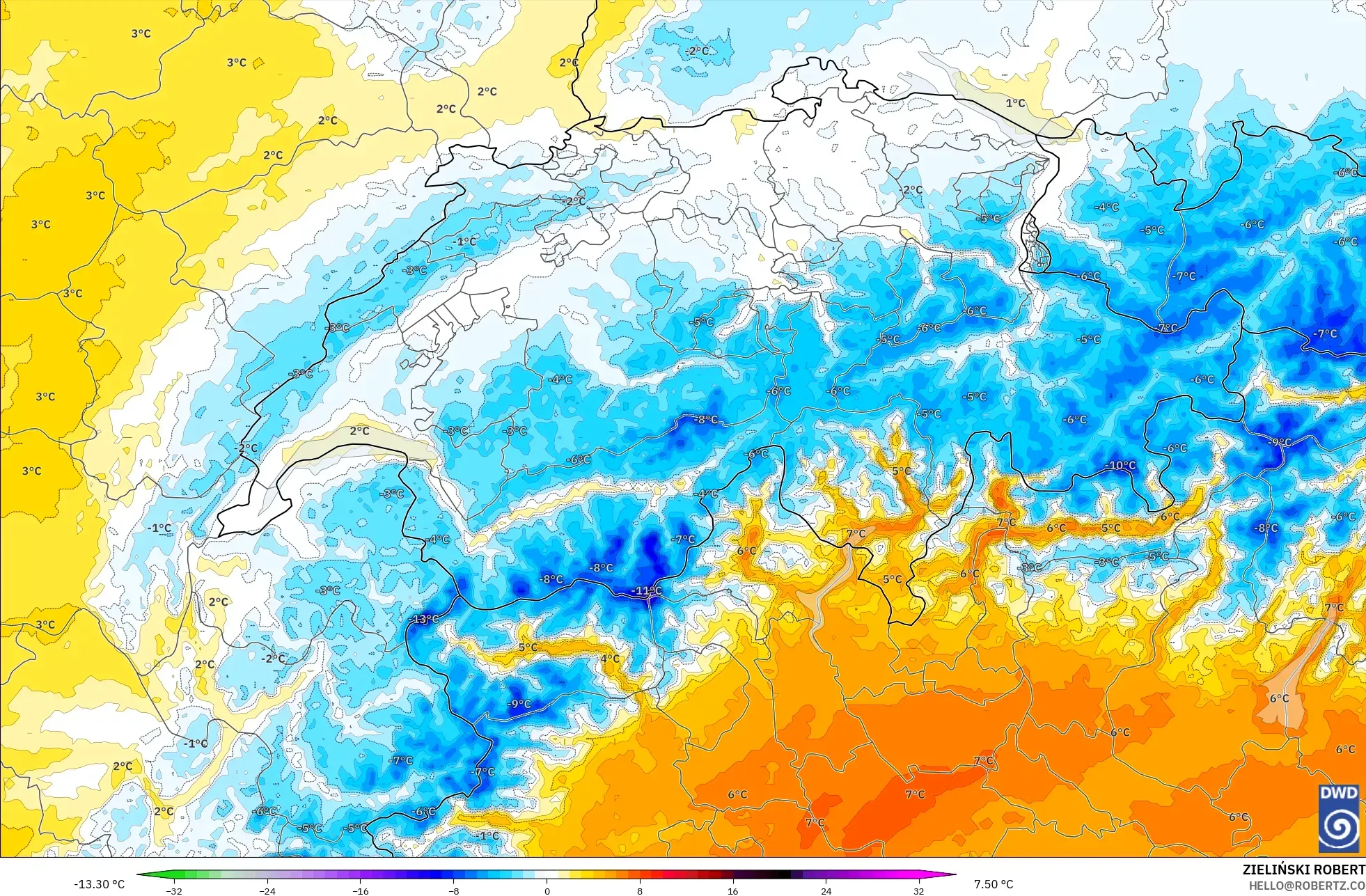 ICON Germany 2 km model - Switzerland, Temperature at 850hPa Anomaly