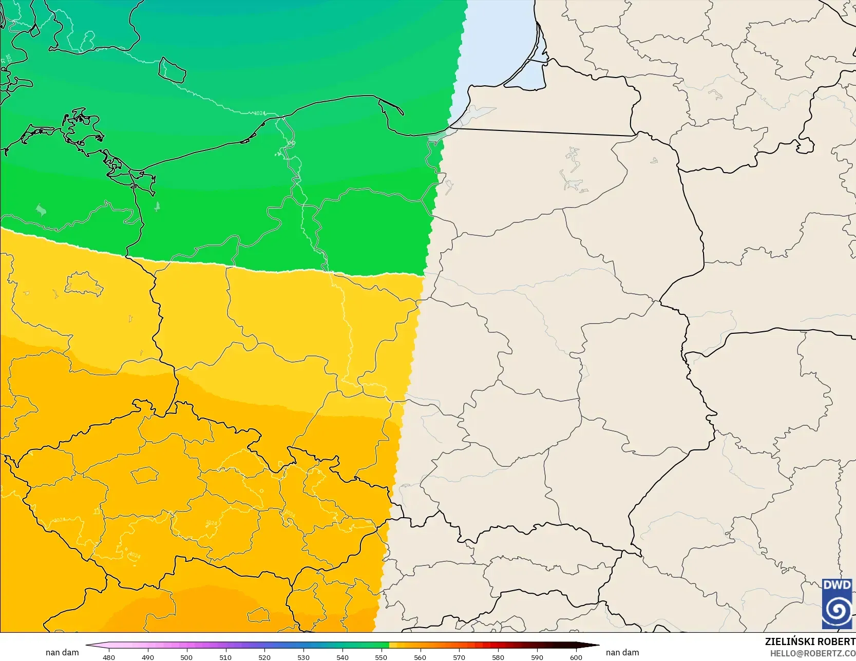 ICON Germany 2 km model - Poland, Geopotential height at 500hPa