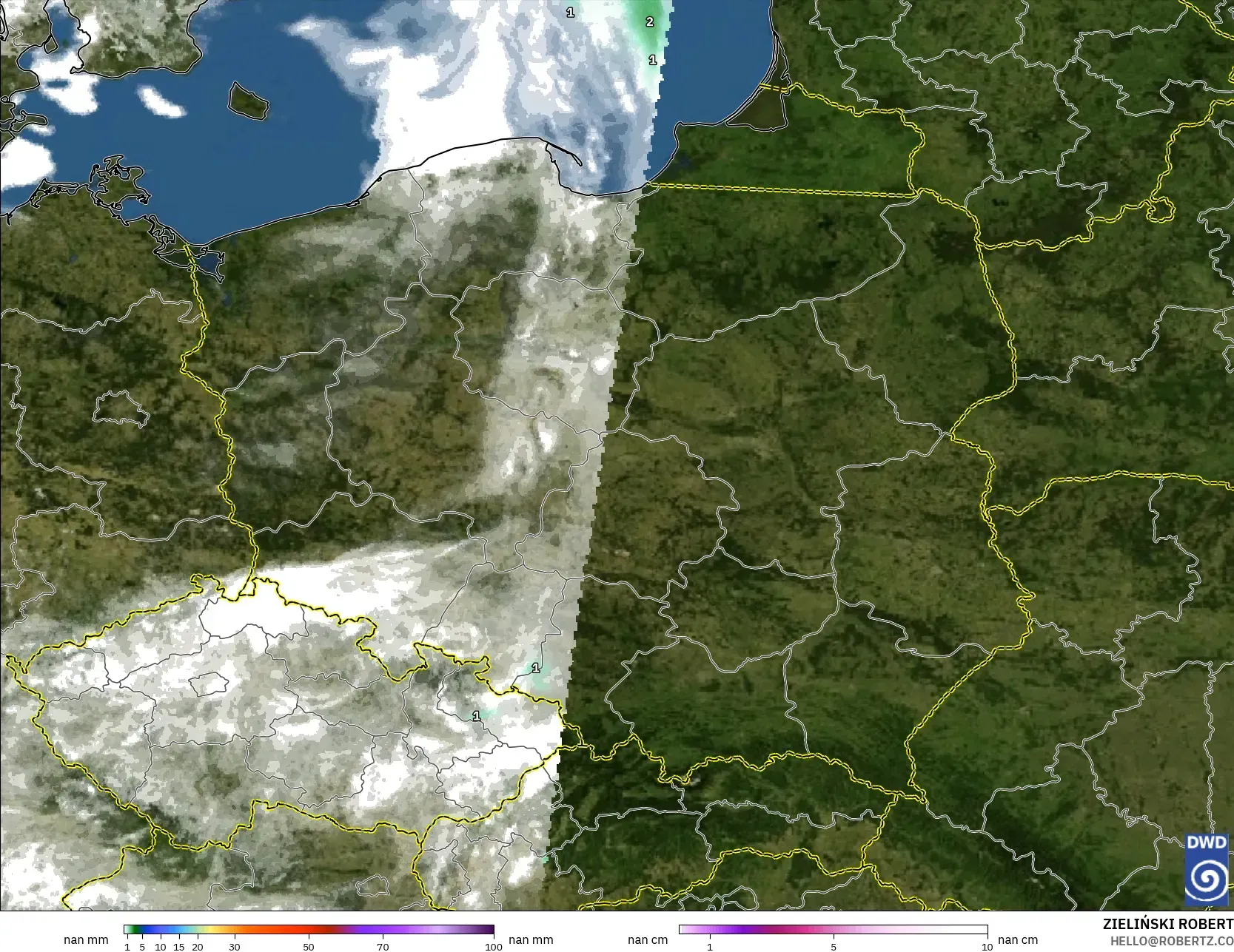 ICON Germany 2 km model - Poland, Precipitation, Clouds, and Pressure