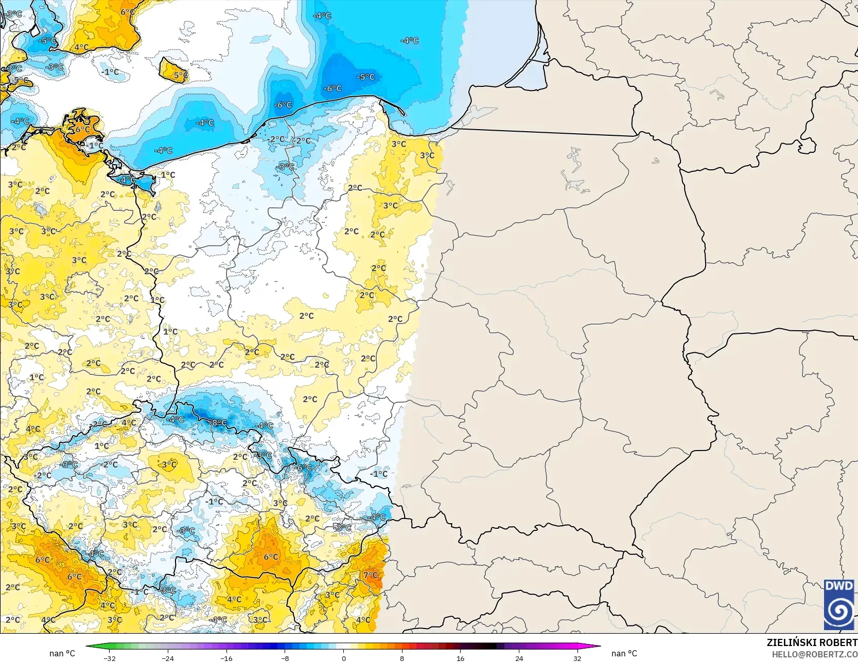 ICON Germany 2 km model - Poland, Temperature at 2m Anomaly
