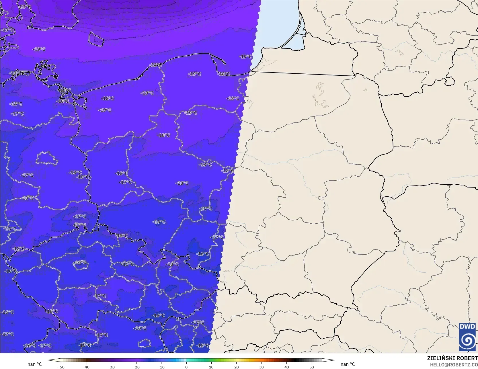 ICON Germany 2 km model - Poland, Temperature at 500hPa