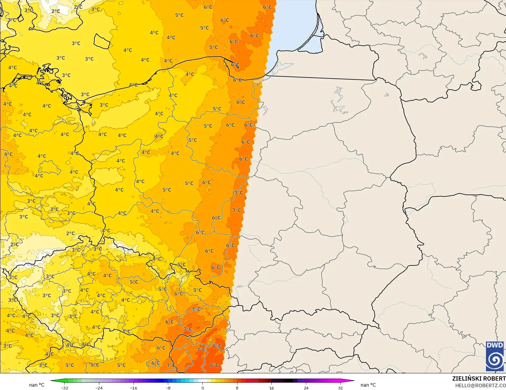 ICON Germany 2 km model - Poland, Temperature at 850hPa Anomaly